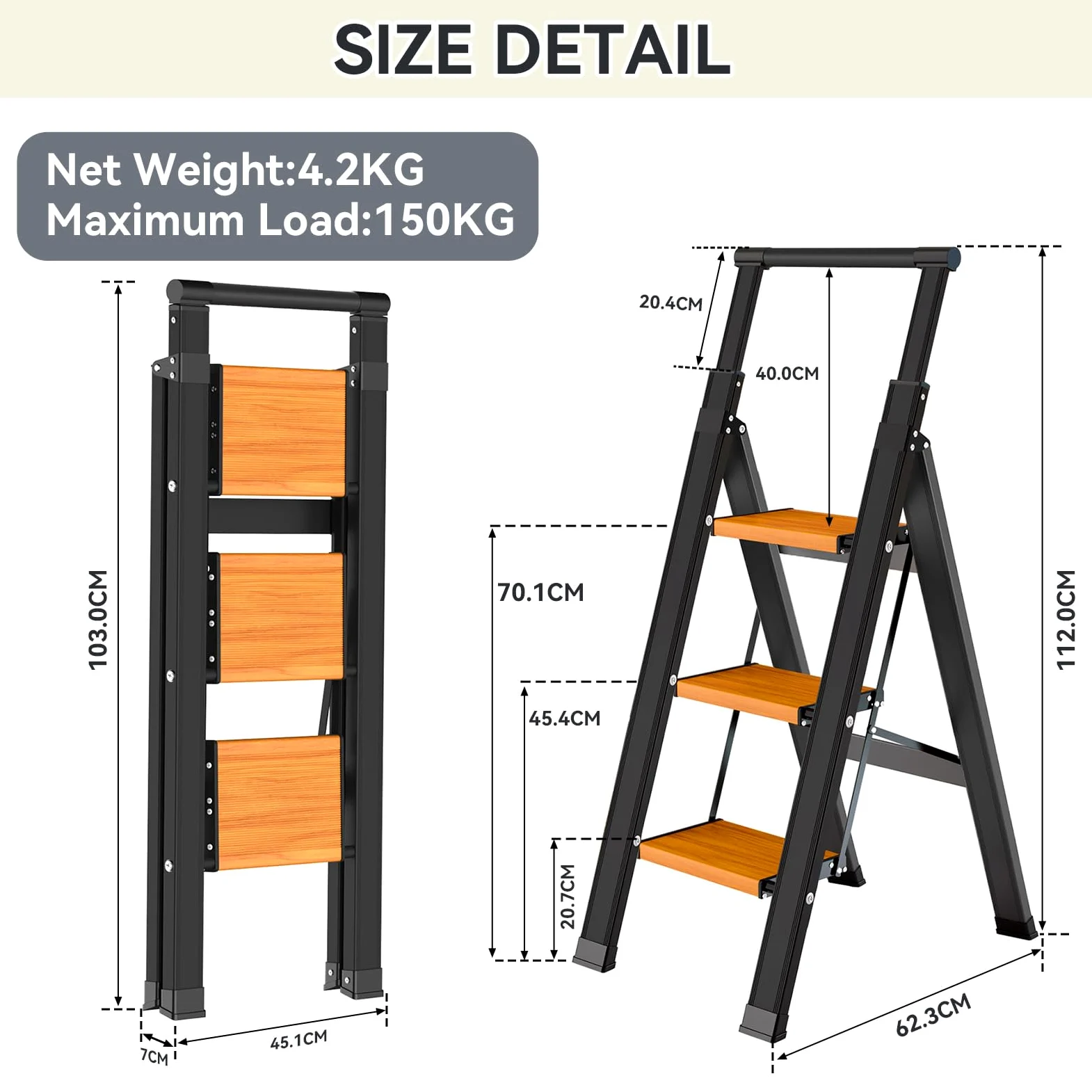 KULACO Scala a gradini pieghevole 3 gradini con corrimano estensibile, scala in alluminio antiscivolo & extra larga, leggera fino a 150 kg, scala domestica compatta per cucina, casa, garage