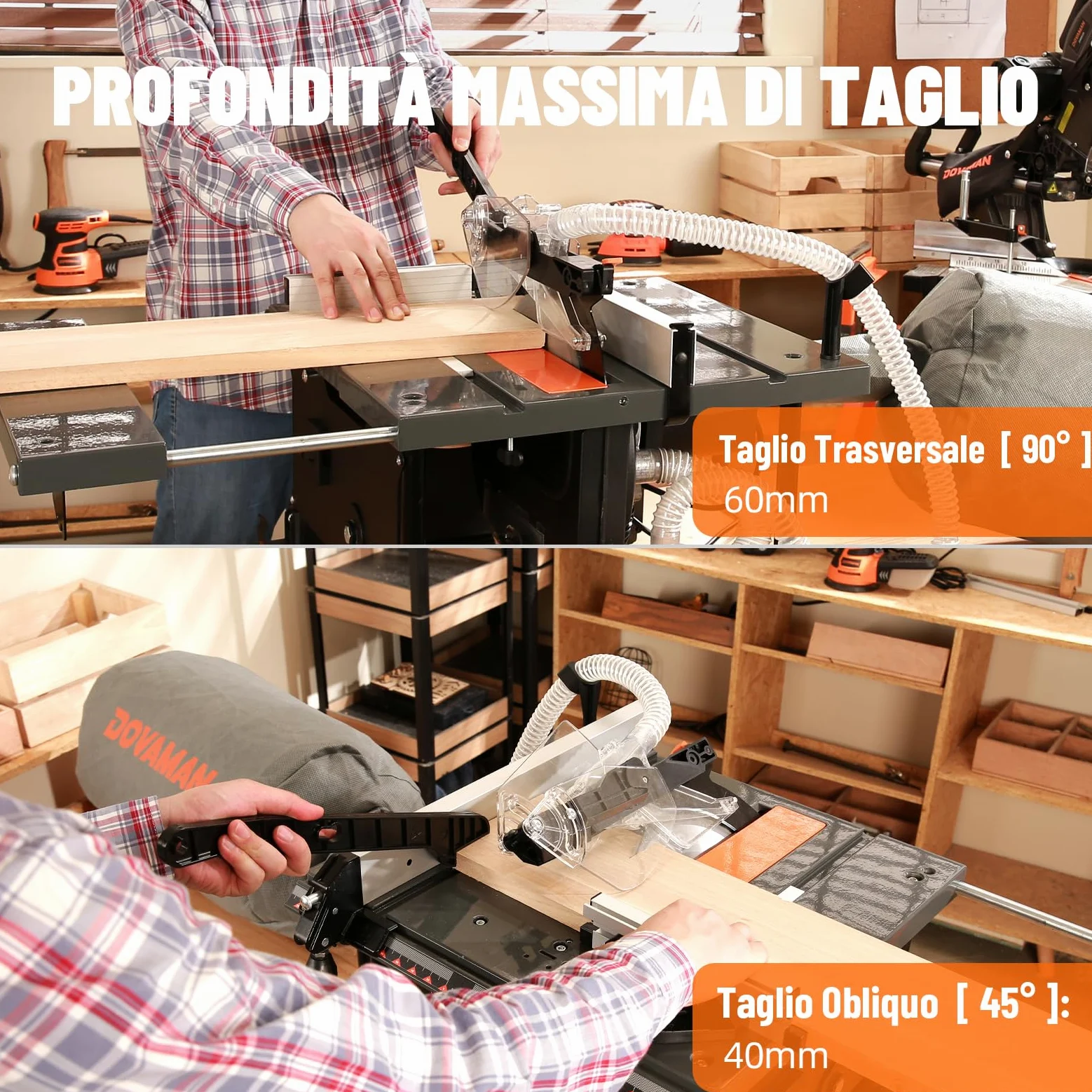 DOVAMAN Banco Sega Circolare per Legno 2000W, 98% Raccolta Polvere, Taglio Max 60mm, Lama 216mm, Piano Estensibile 48-80cm, Storage Integrato, Sega da Tavolo per DIY e Hobby - DTS02M