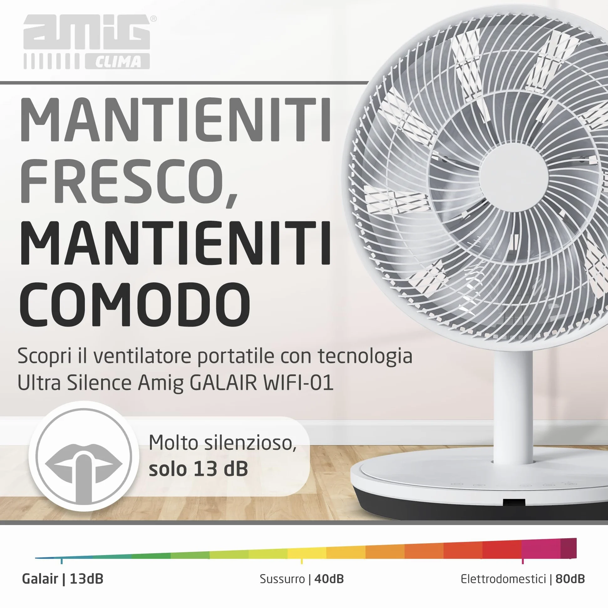 Amig - Ventilatore da Pavimento e da Tavolo GALAIR WIFI-01 - Silenzioso 13dB - 26 Velocità - Oscillazione Verticale e Orizzontale - Basso Consumo 27W - Telecomando e App - Luce LED