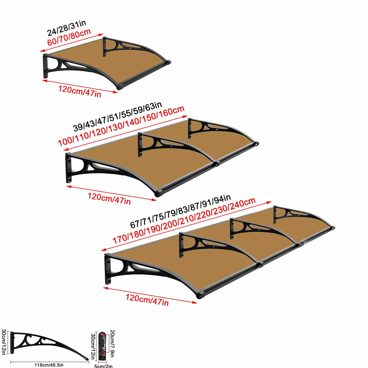 Tettoia per Porta o Finestra,Pensilina ad Arco d'Ingresso,Pensilina Copriporta in Policarbonato Marrone con Grande Lavello,Tenda da Veranda di Protezione da Pioggia e Neve UV (120x180cm/47"x71")