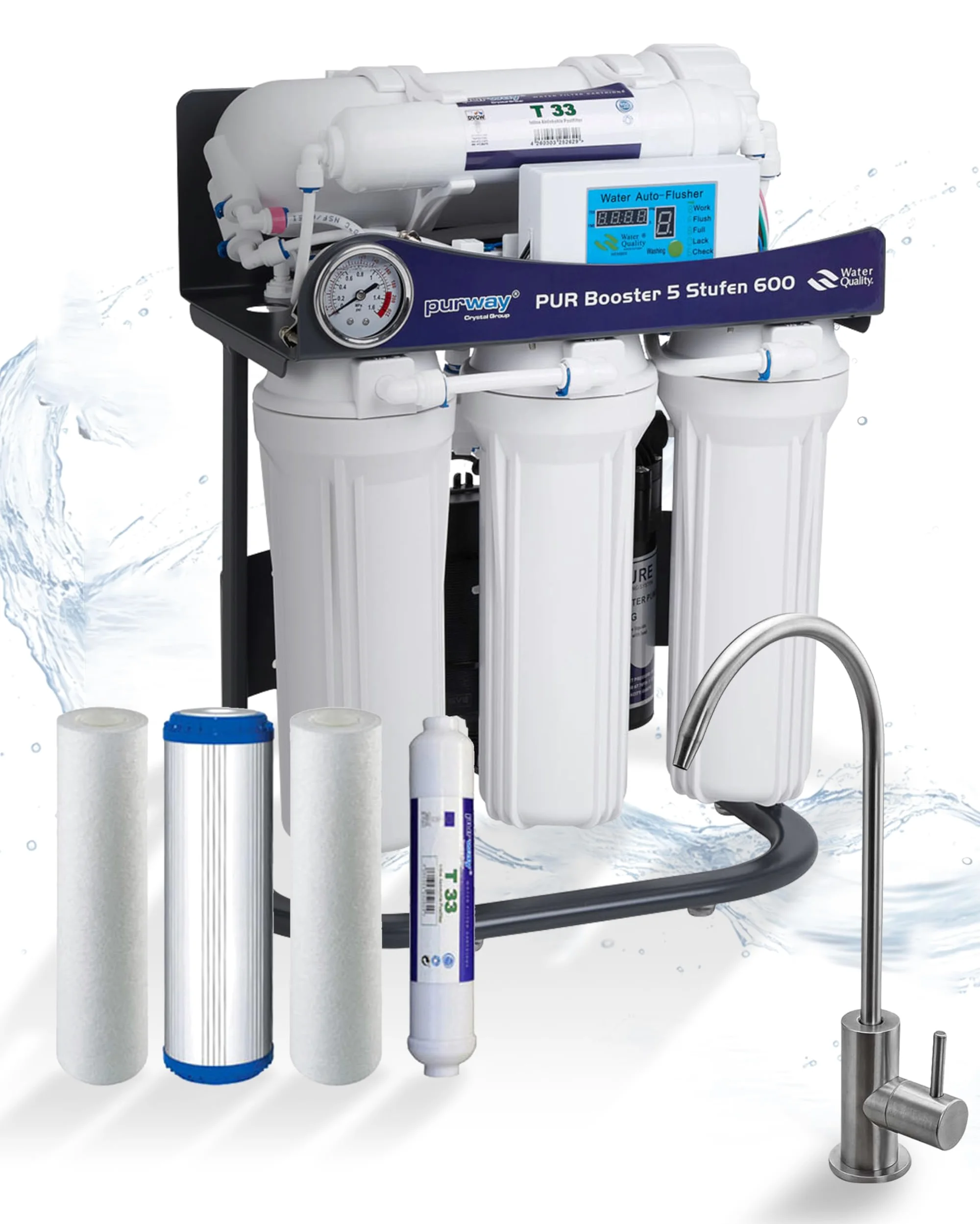 Purway Crystal Group Booster 5 Livelli 600 GPD Direct Flow Impianto Osmosi Inversa + Set Filtri Ricambio