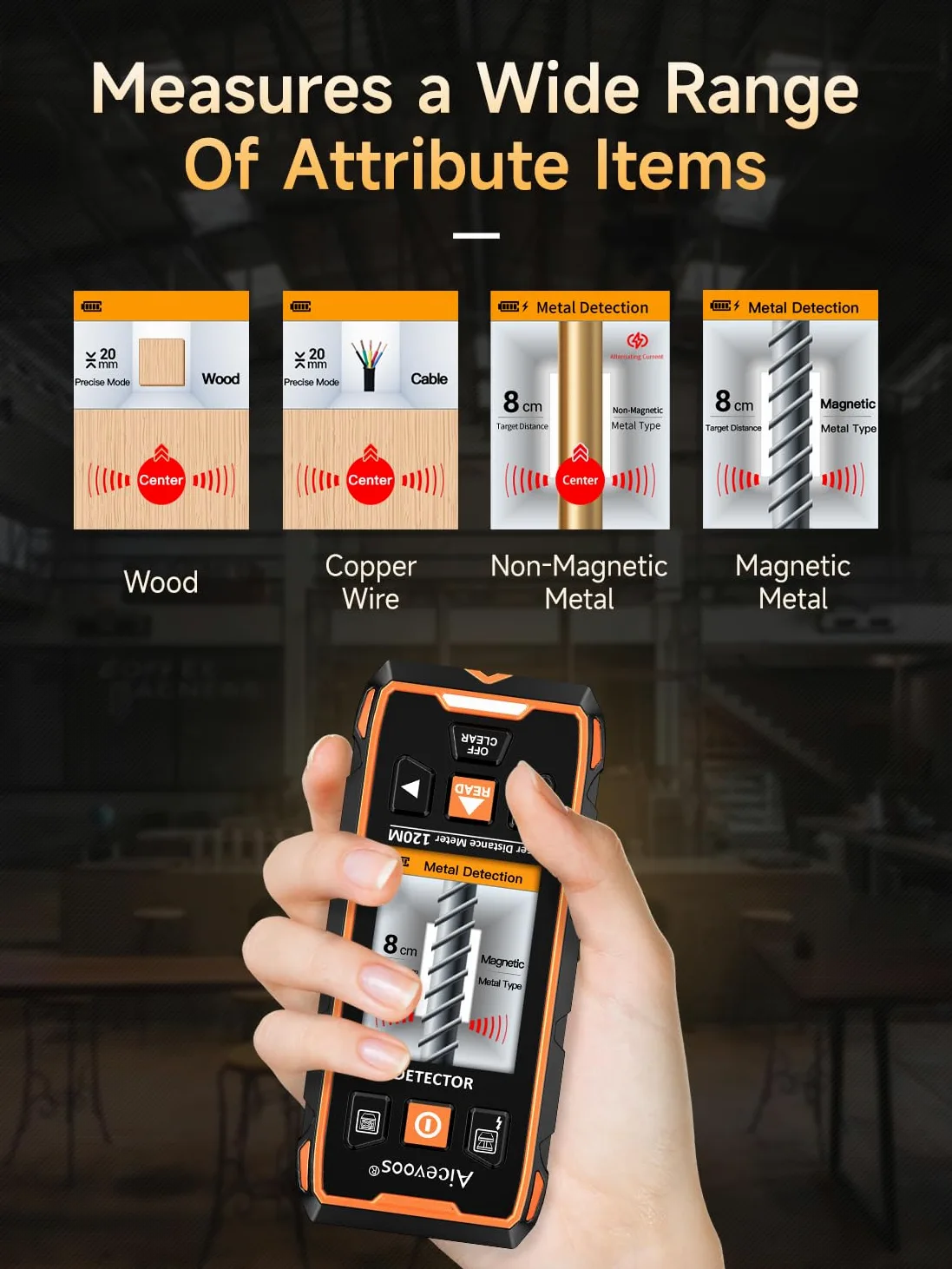 Rilevatore,120m Metro Laser 2 In 1, Scanner da Parete, Misuratore Laser, Rilevatore Tubi Metallici con Display LCD per Rilevare Metallo, Legno, Cavi Nel Muro e Magnetico O Non Magnetico