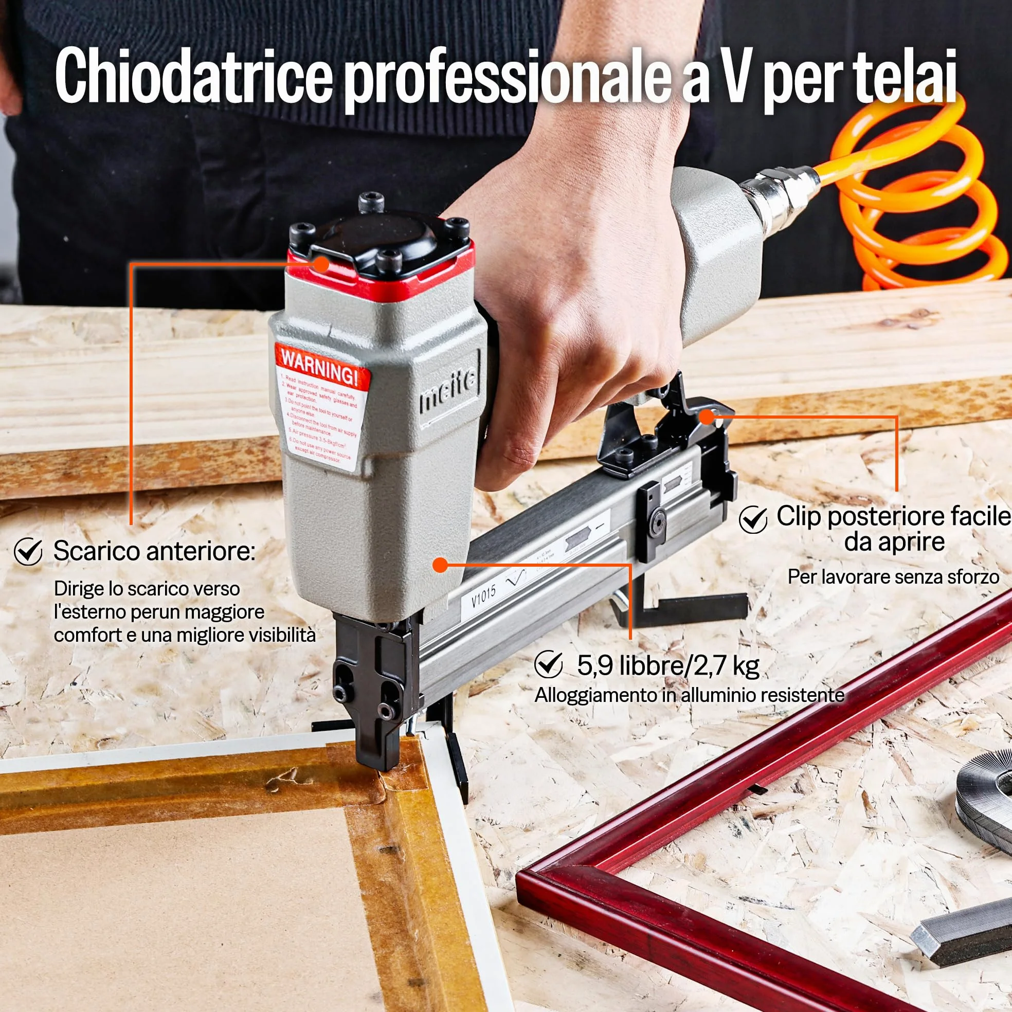 meite V1015B Chiodatrice Pneumatica a V per Cornici, Unisci-Cornici ad Aria Compressa per Cornici da Quadro, Compatibile con Chiodi a V da 7 a 15 mm