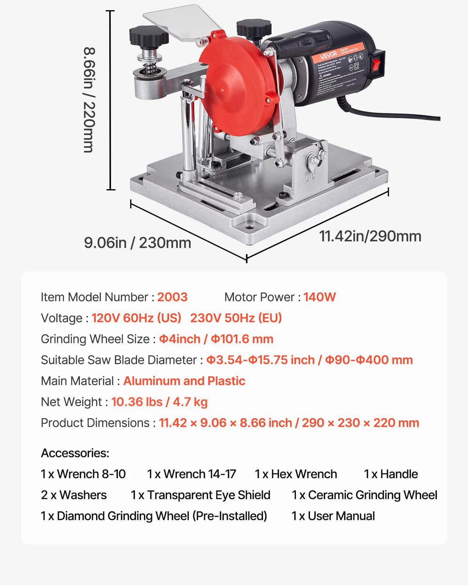 VEVOR Affilatrice per Lame Circolari Potente 140 W e 5700 RPM, Affilatrice per Dischi da Seghe Circolari Mole in Ceramica e Diamante da 10 cm, Adatta per Lame Circolari con Diametro da 9 cm a 40 cm