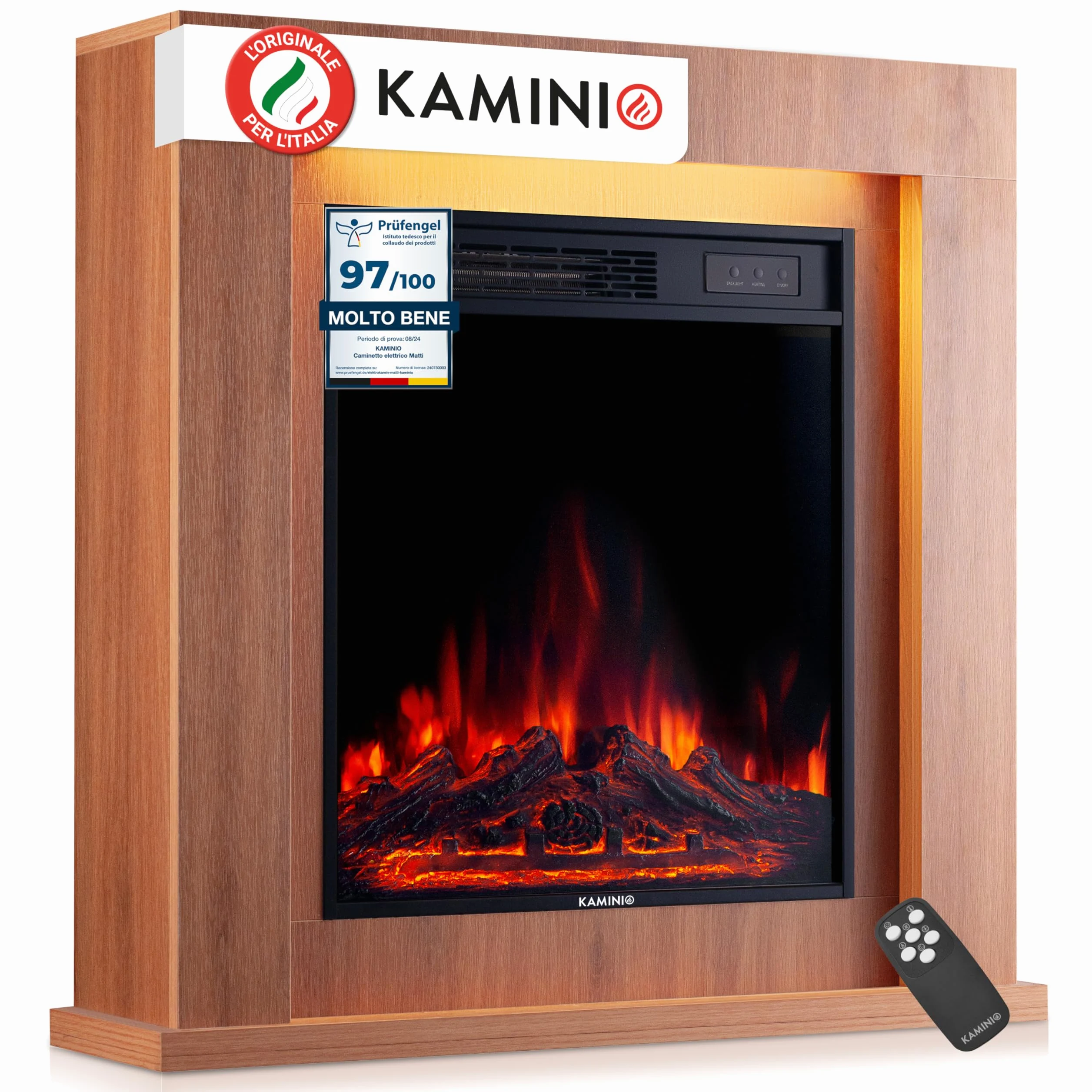 KAMINIO Camino elettrico Matti - Caminetto da pavimento con riscaldamento, effetto fiamma 3D, luce ambiente a LED, telecomando - 32 pollici (Querica)