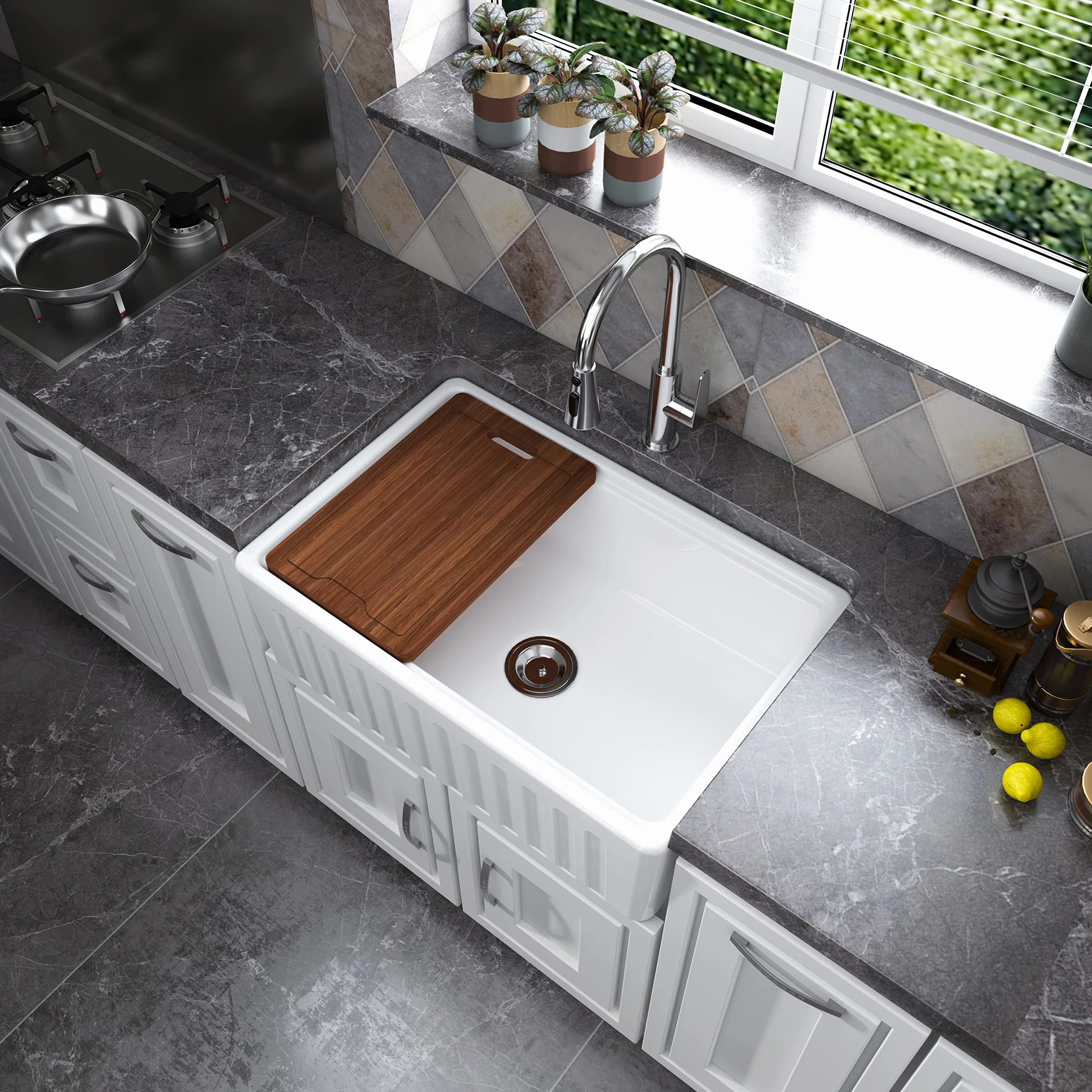 MEJE 76.2 x 50.8 CM Grembiule-front Rim Rim Workstation Farmhouse Lavello da cucina, ciotola singola in ceramica con tagliere, griglia e filtro - bianco