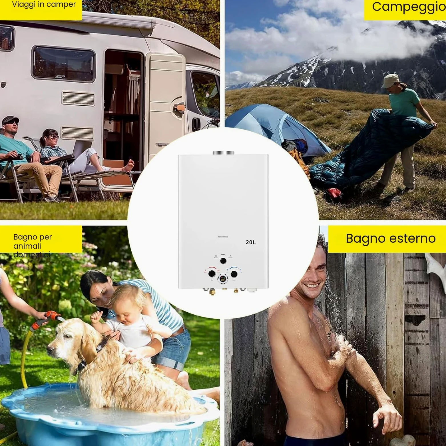 Scaldabagno a Gas 20L, All'aperto Portatile Scaldabagno Istantaneo a Propano Con Display Digitale Multi-Protezione Parete senza Serbatoio Scaldacqua Istantaneo Automatico