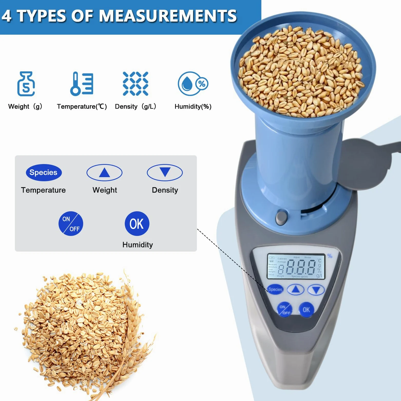 Misuratore di umidità professionale per cereali, tester di umidità per oltre 20 cereali, misura peso, densità, temperatura, con display LCD, rilevatore di umidità per grano, mais, riso, raccolto