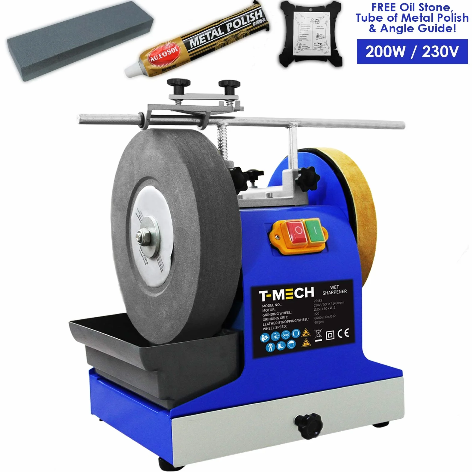 T-Mech Smerigliatrice da Banco Affilatrice ad Acqua 200W 250mm Grana 220 con Potente Mola Affila Attrezzi Sgorbie e Coramella a Disco in Pelle per Finitura Lucida