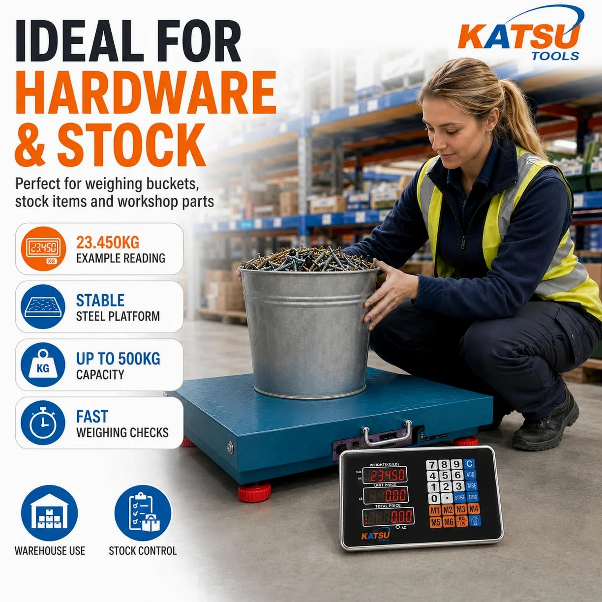 KATSU Tools Bilancia digitale wireless in acciaio 500KG 50x60cm