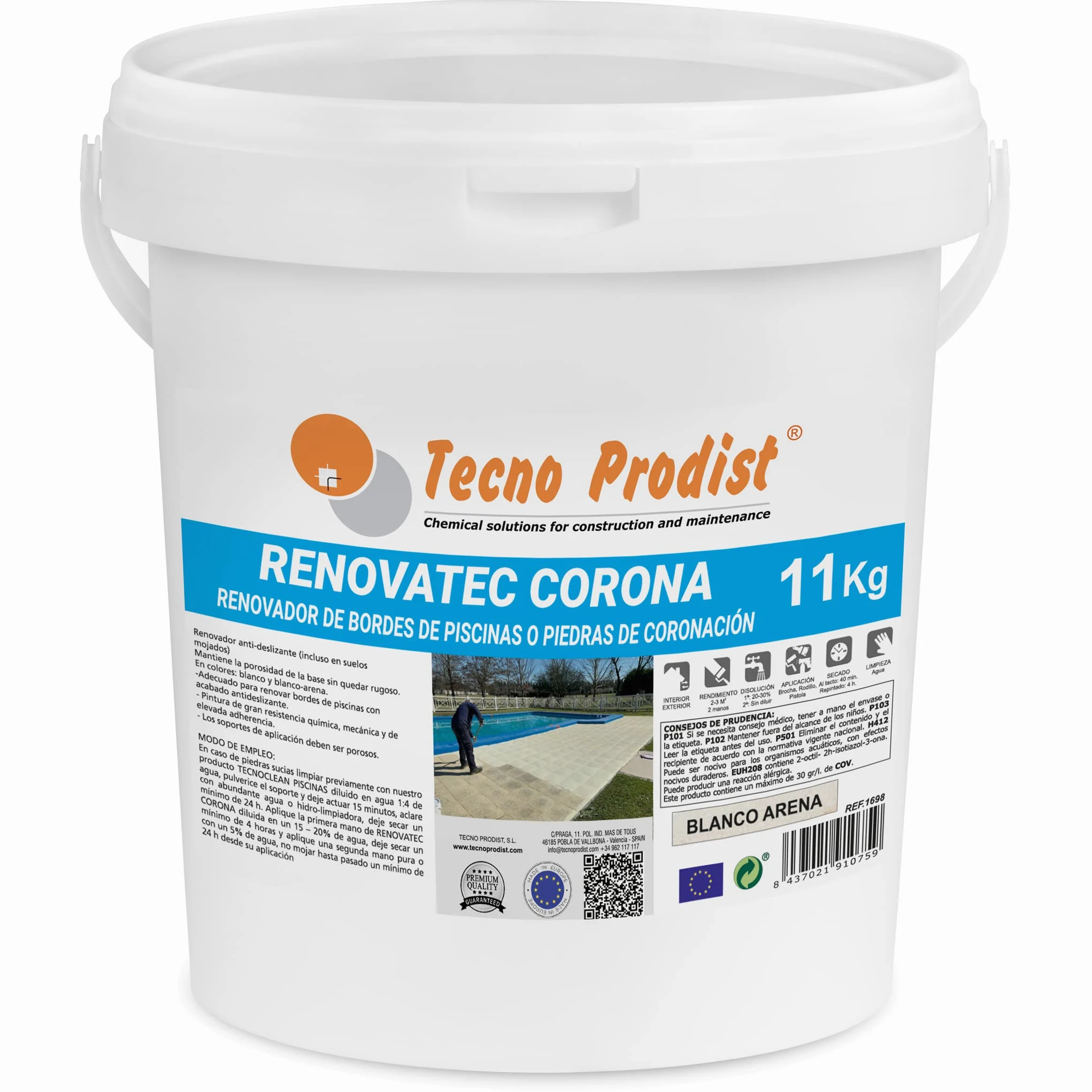 Tecno Prodist RENOVATEC CORONA Vernice per piscine by 11 Kg - BIANCO SABBIA - Vernice per bordo vasca o del bordo in pietra – Pittura Antiscivolo - Resistenza e durata - Facile applicazione