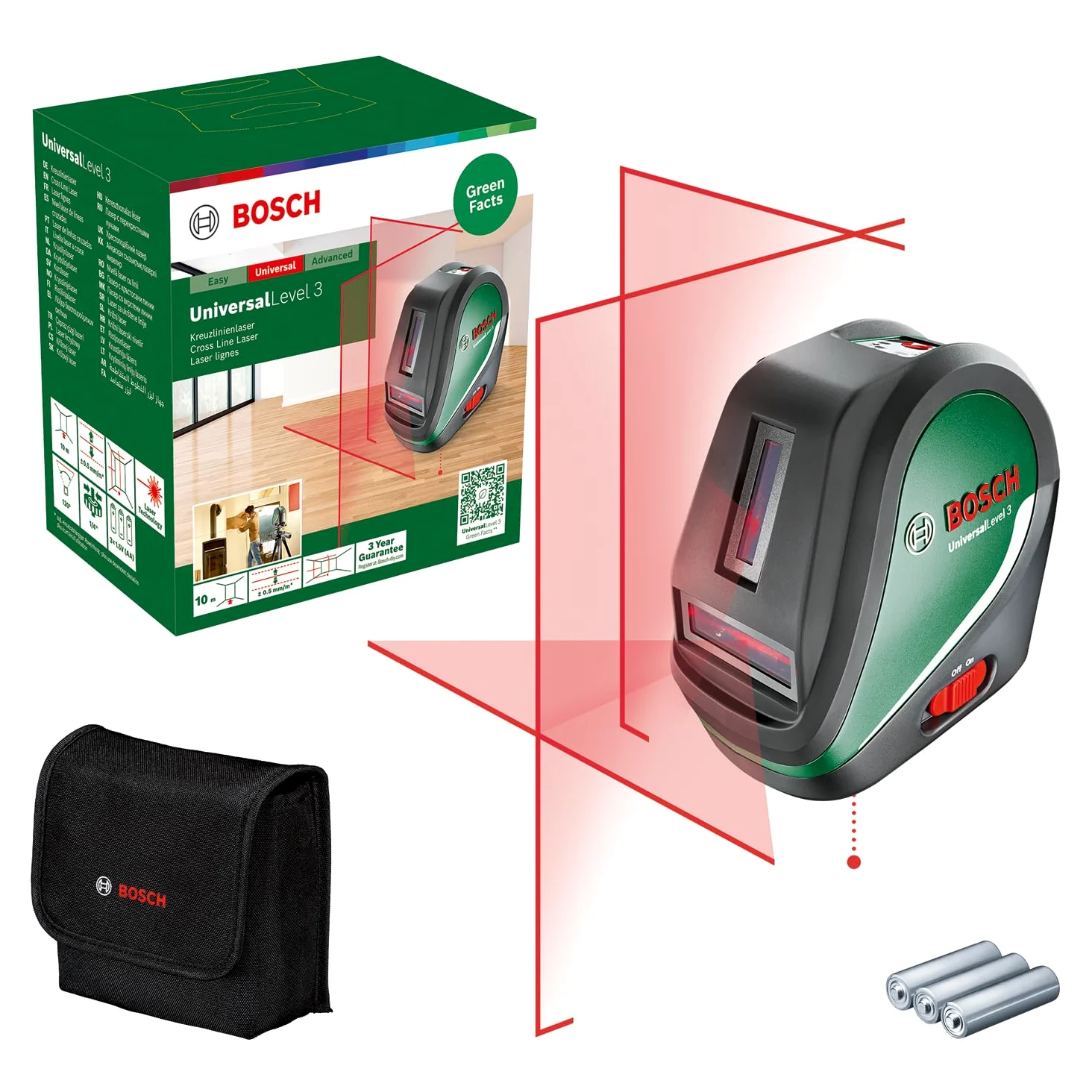 Bosch livella laser multifunzione UniversalLevel 3 (3 linee laser incl. linea verticale a 90° per ulteriore croce sul soffitto e punto a piombo inferiore per allineamenti precisi, in cartone)