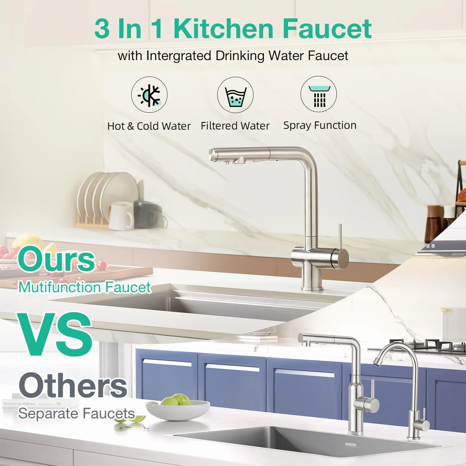Faustina Rubinetto da cucina a 3 vie con doccetta estraibile, miscelatore monocomando, rubinetto per lavello, rubinetto da cucina per impianto di osmosi inversa e filtro dell'acqua in acciaio inox