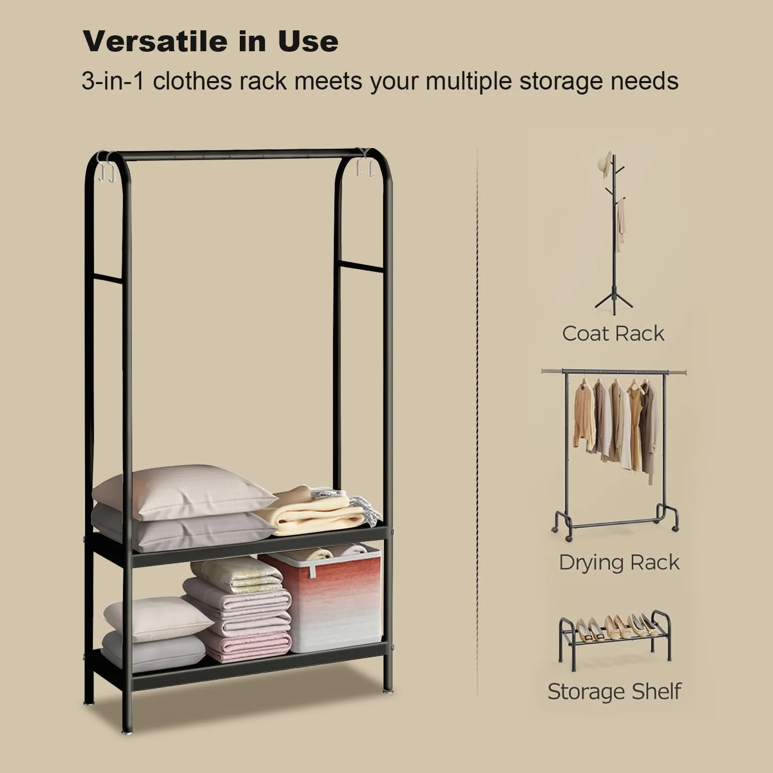 Zstar Appendiabiti in metallo per appendere vestiti, con ripiani a 2 livelli, 6 ganci, per negozio, camera da letto, spogliatoio, 80 x 33 x 172 cm, nero