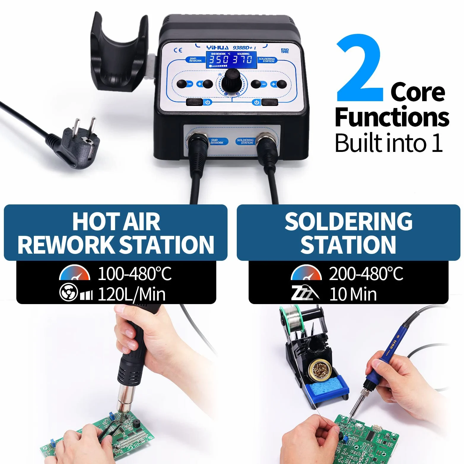 YIHUA 938BD+ I stazione saldante dissaldante ad aria calda SMD 2 IN 1 stazioni di saldatura, Avvio/arresto aria calda, Modalità sospensione, Display LCD per Rilavorazione saldature Progetti fai-da-te