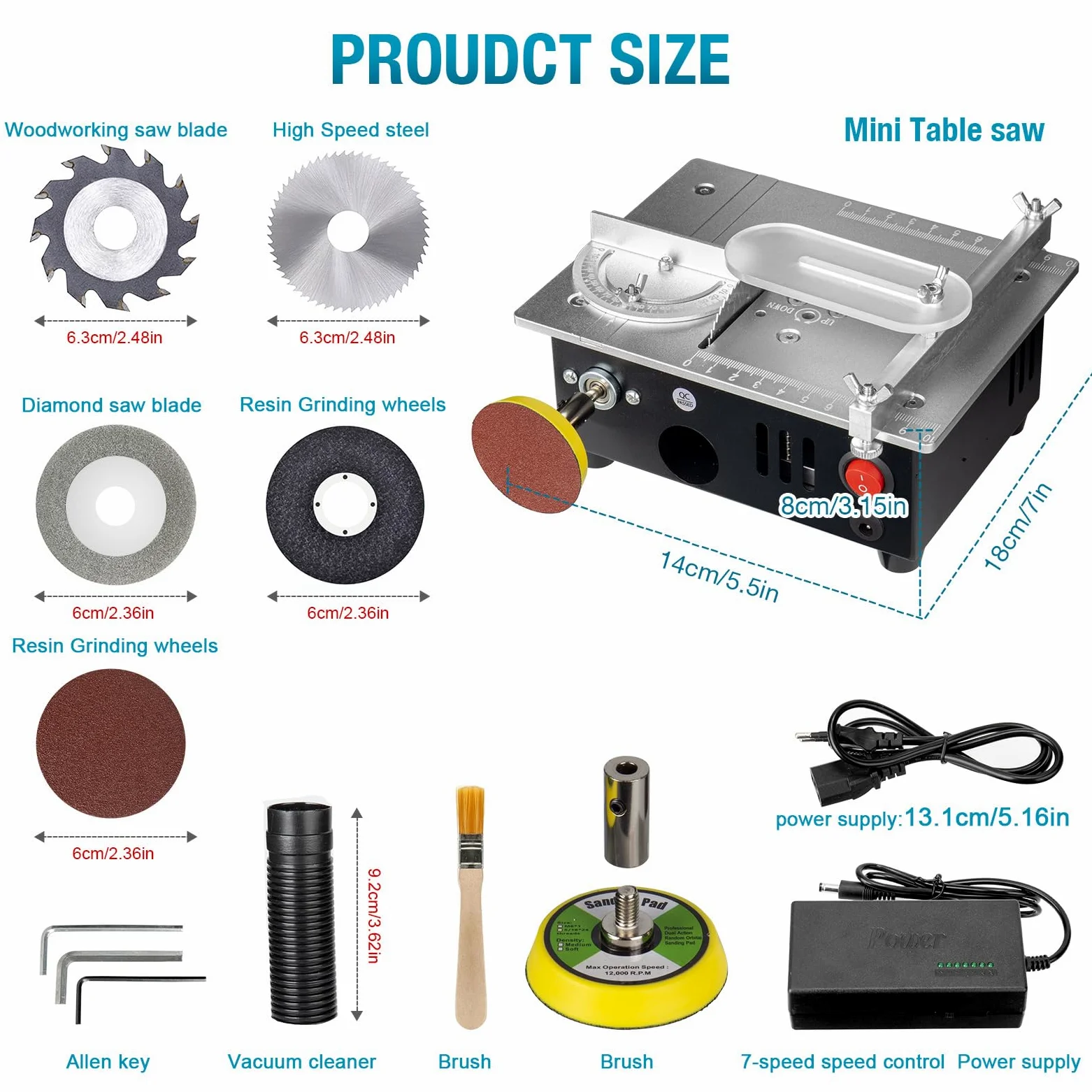 Mini sega circolare da tavolo con 4 lame e disco di lucidatura, sega da tavolo di precisione regolabile con alimentazione 7 velocità, 96 W con lama regolabile da 0,1-15 mm e aletta di sicurezza