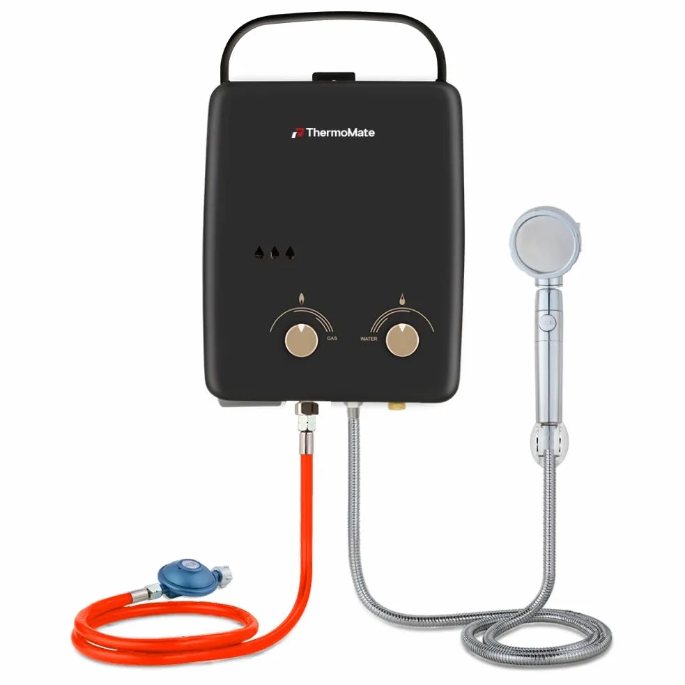 ThermoMate Scaldacqua a gas AZ132B-DE 5L Scaldabagno portatile a propano, 50 mbar, scaldabagno a gas senza serbatoio per docce all'aperto, cavalli, campeggio, camper