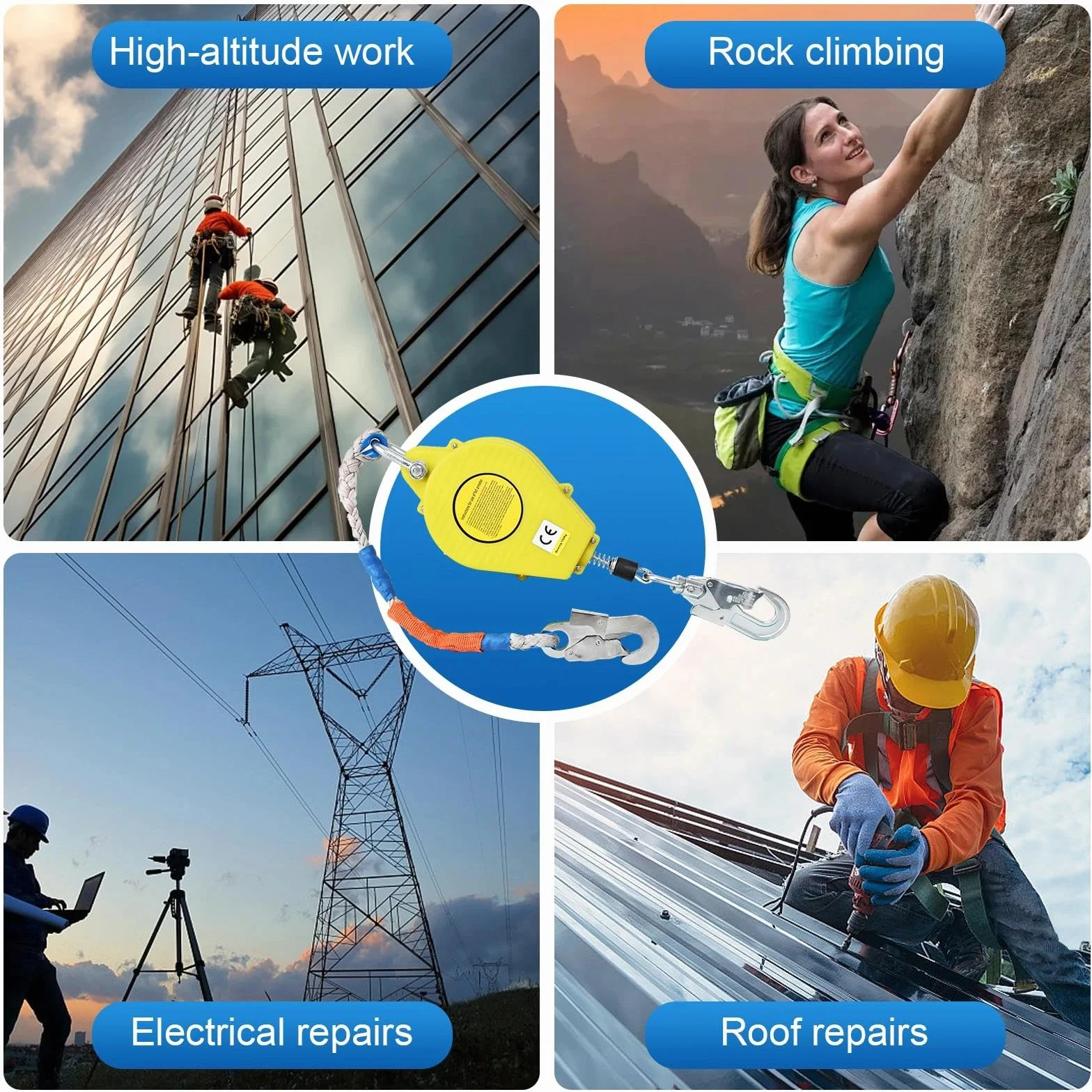 Dispositivo Anticaduta Retrattile Certificato CE, Dispositivo di Sicurezza Anticaduta con Gancio Girevole a 360°, Anticaduta a Richiamo Automatico per Lavori ad Alta Quota, 150kg(Giallo,20m)