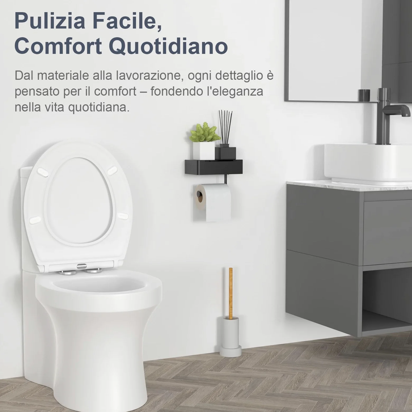 SURFOU Tavoletta WC con Chiusura Ammortizzata, Duroplast di Alta Qualità, Forma a O, Sgancio Rapido per Facile Pulizia, Supporta fino a 200 kg, con Gancetti in Gomma per Fissaggio Stabile