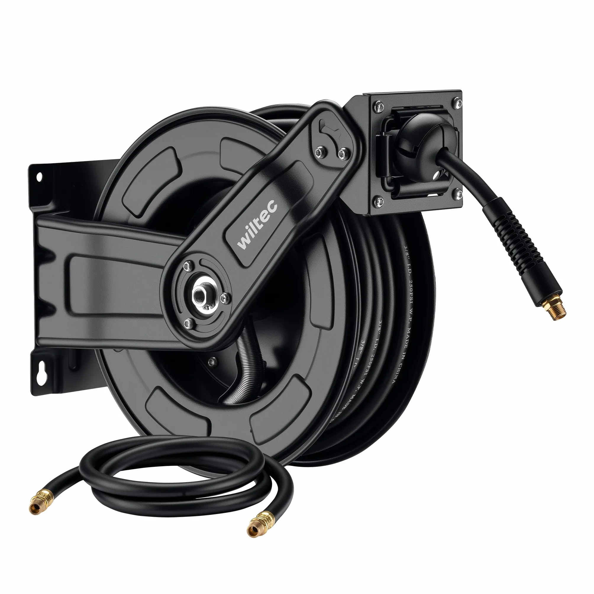 Wiltec Avvolgitubo per aria compressa 15 m, avvolgitubo automatico in acciaio, 20 bar, facile montaggio a muro, girevole a 180°