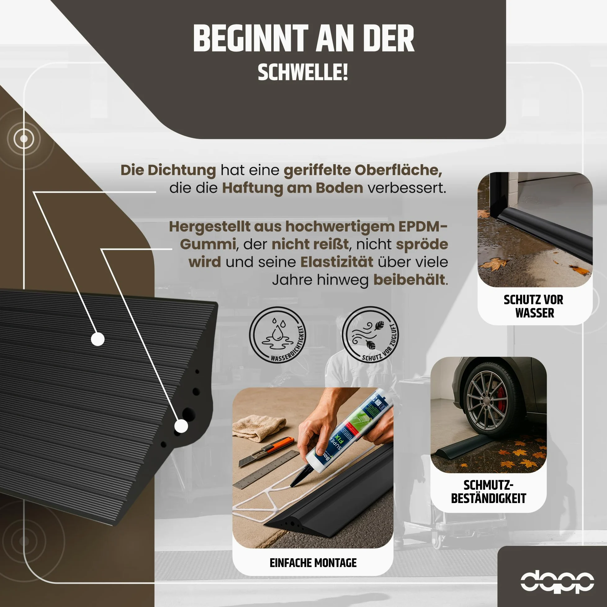 Dq-pp | Guarnizione Soglia Garage | 2,5m | 30mm x 160mm | con colla per installazione | nero | Sigillatura per pavimenti | Soglia in gomma EPDM | 3cm x 16cm