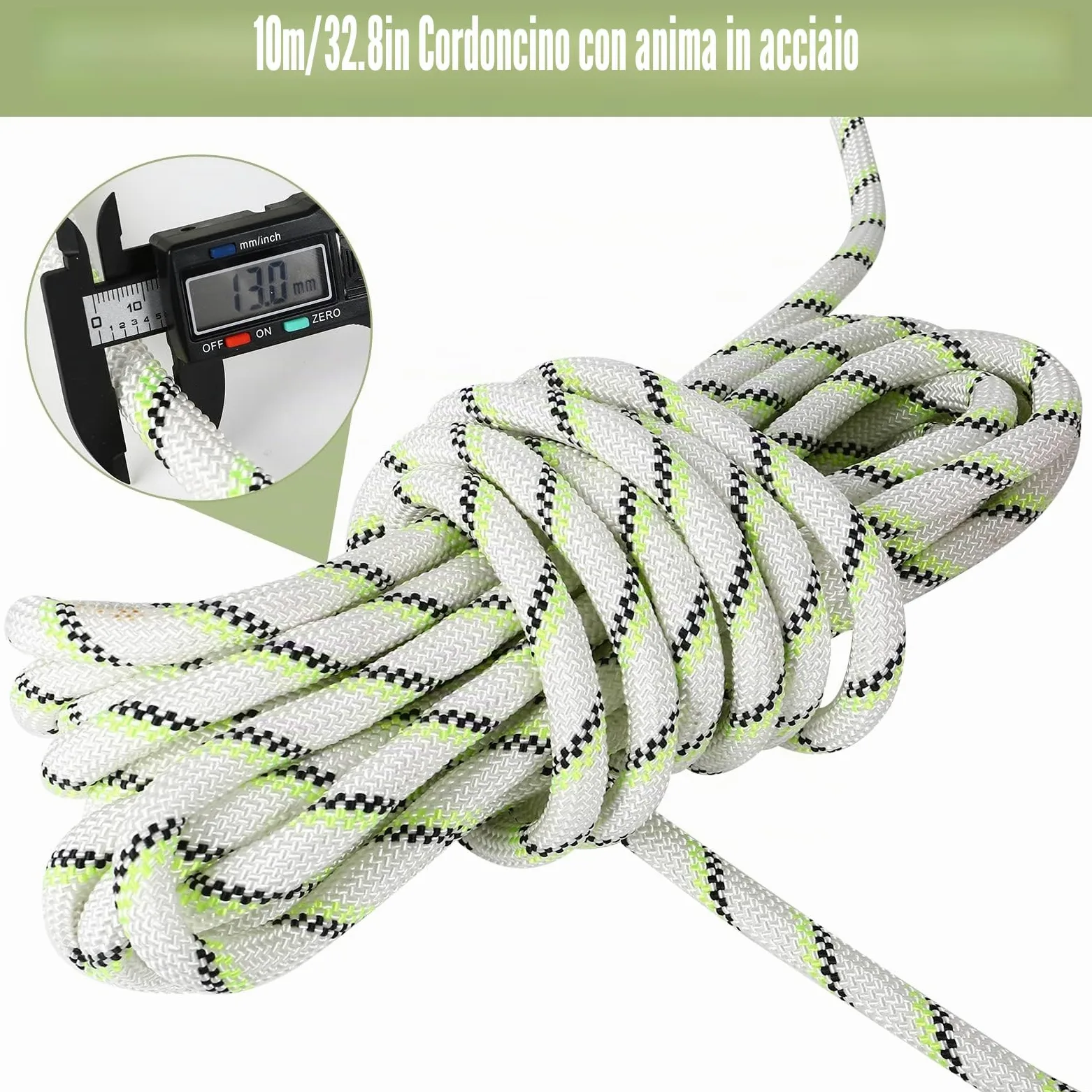 Dispositivo di sicurezza scorrevole su corda kernmantel da 13 mm, con 2 moschettoni da 25 KN, ammortizzatore a nastro, DPI, dispositivo di sicurezza in altezza (10 m)