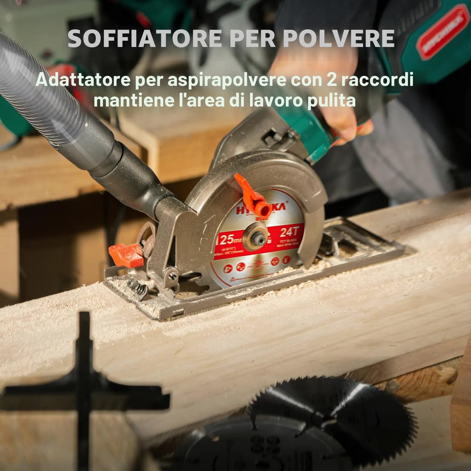 HYCHIKA Sega Circolare a Mano, Mini Sega Circolare 750W 3500 giri/min con Borsa da Trasporto, 3 Lame da Sega 115+125mm, Guida Parallela, Profondità di Taglio 48mm, per Legno, Metallo Dolce, Plastica