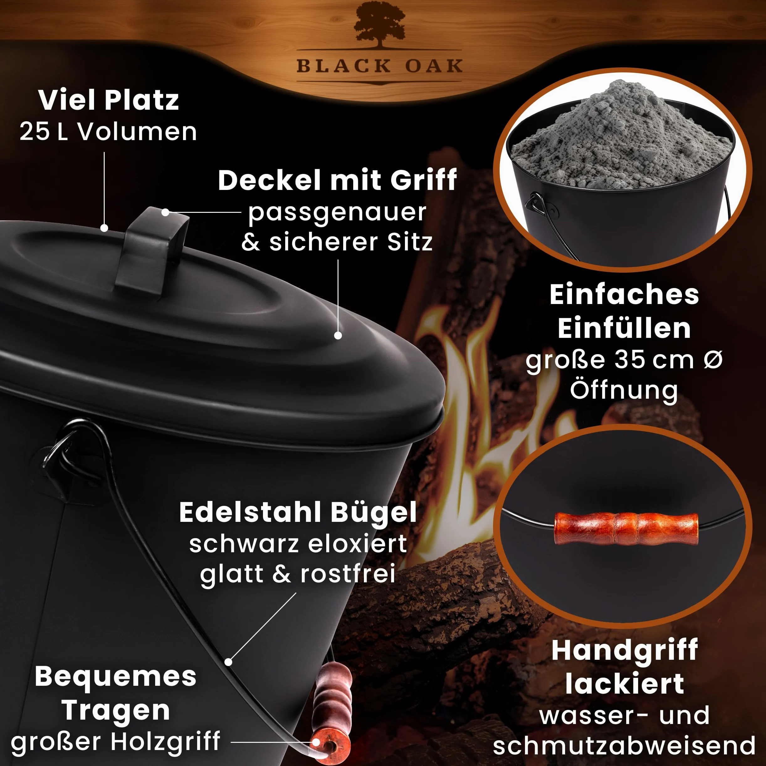 BLACK OAK Secchio per cenere Santorini, 25 l, nero con coperchio, XXL, extra grande, 25 litri, in acciaio zincato a prova di fuoco, verniciato a polvere, cenere e carbone, accessorio ideale per camino