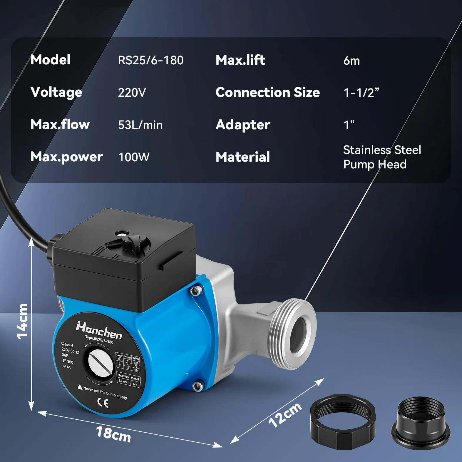 Hanchen Pompa di circolazione per riscaldamento a 3 marce, in acciaio inox, 25-60/180, pompa di circolazione per acqua calda 220 V