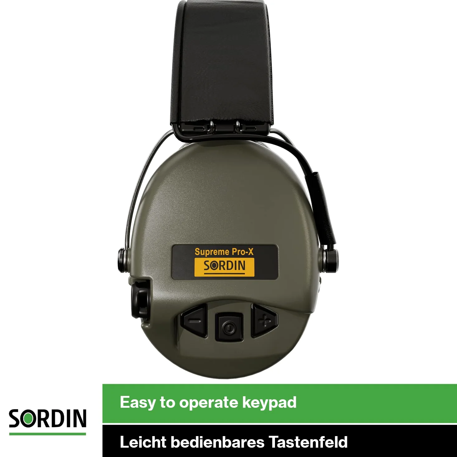 Sordin Pro-X LED Protezioni acustiche a capsula 75302-X/L-07-S - EN 352 - Cuscino in gel, Cinturino in pelle & capsule verdi