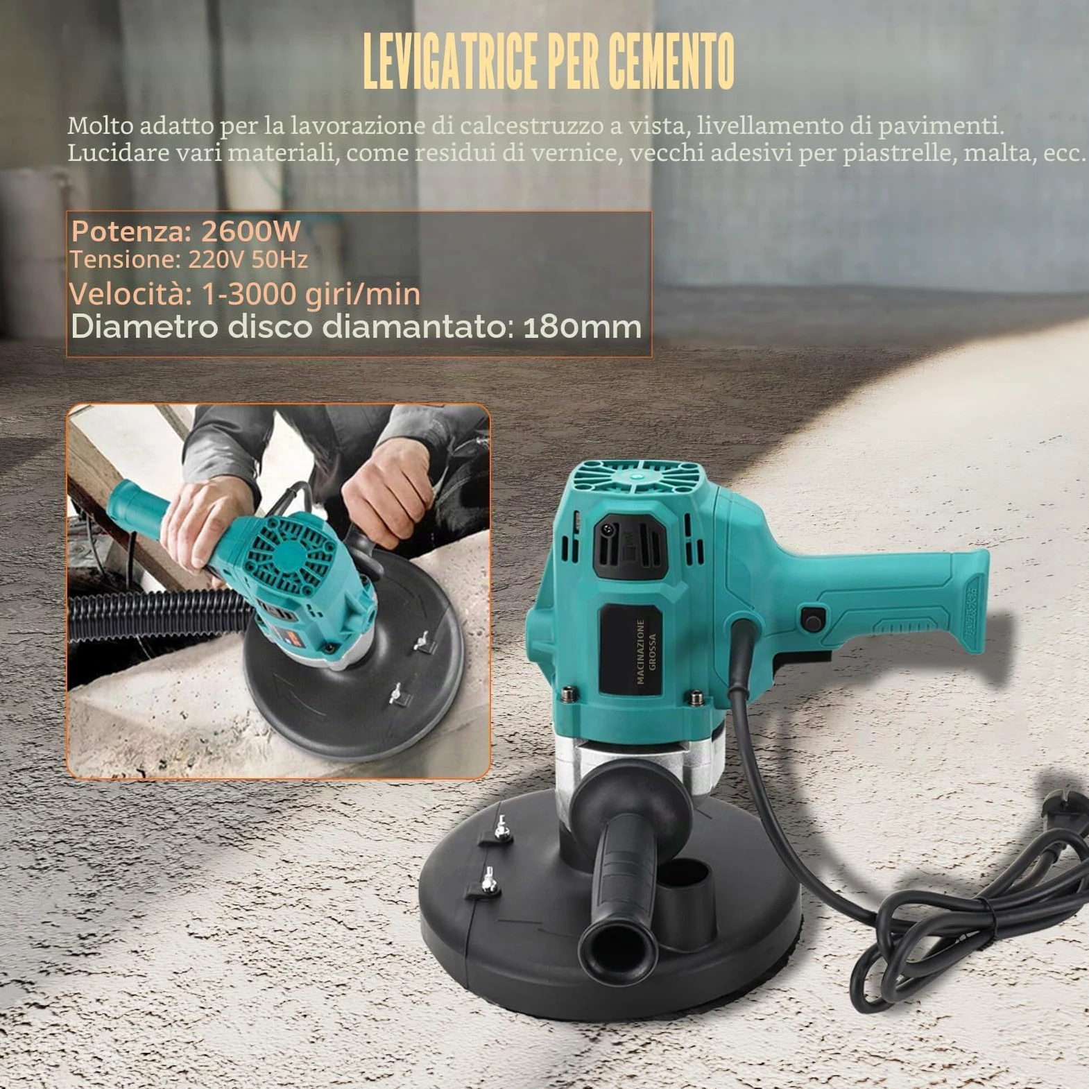 Smerigliatrice per cemento e calcestruzzo, 2600 W, 3000 giri/min, fresatrice e fresa per calcestruzzo, 180 mm, per lucidatura di pareti in cemento