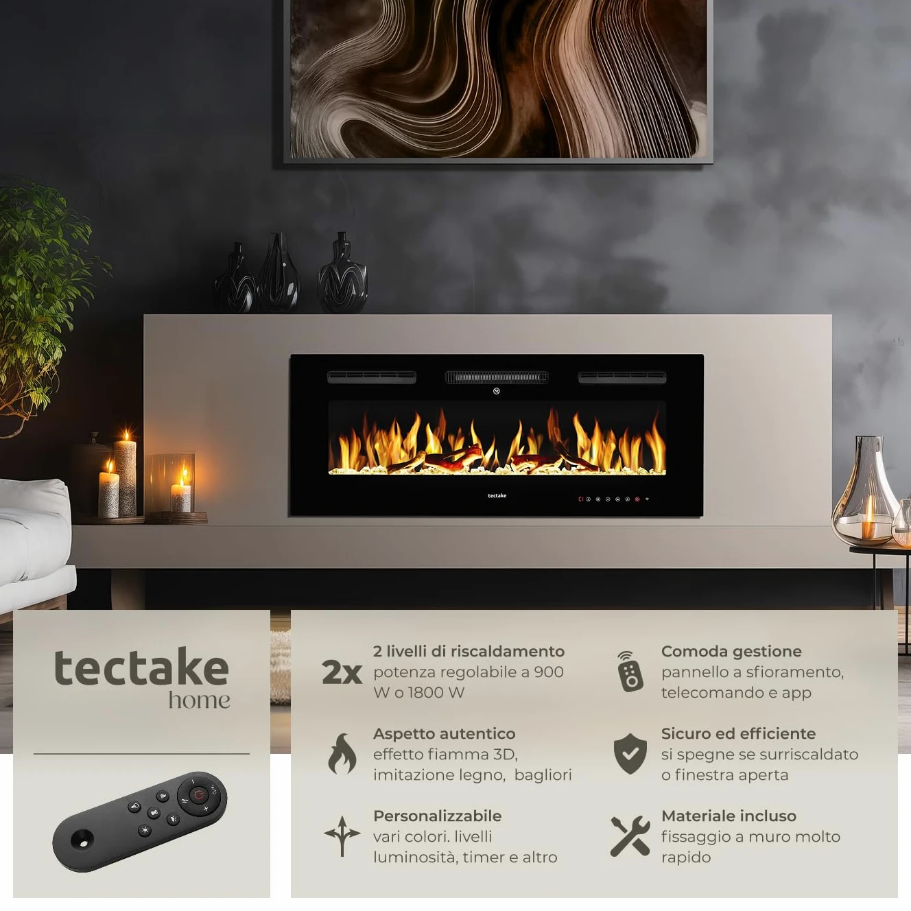tectake® Caminetto elettrico da parete, Camino Elettrico 106,5x43x12 cm, 2 livelli di riscaldamento 900 W e 1800 W, 6 colori per effetto fuoco finto LED 3D, controllo app e WiFi e telecomando, Stufa