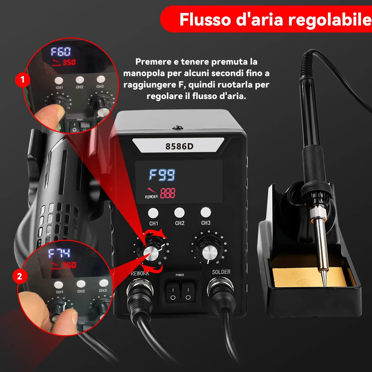 8586D Stazione Saldante, 2 In 1 da 760W Set Stazione di Saldatura, per saldatura e dissaldante SMD con schermo LCD, temperatura regolabile 180 ℃-500 ℃ con 3 ugelli aria per Riparazioni di Elettronica