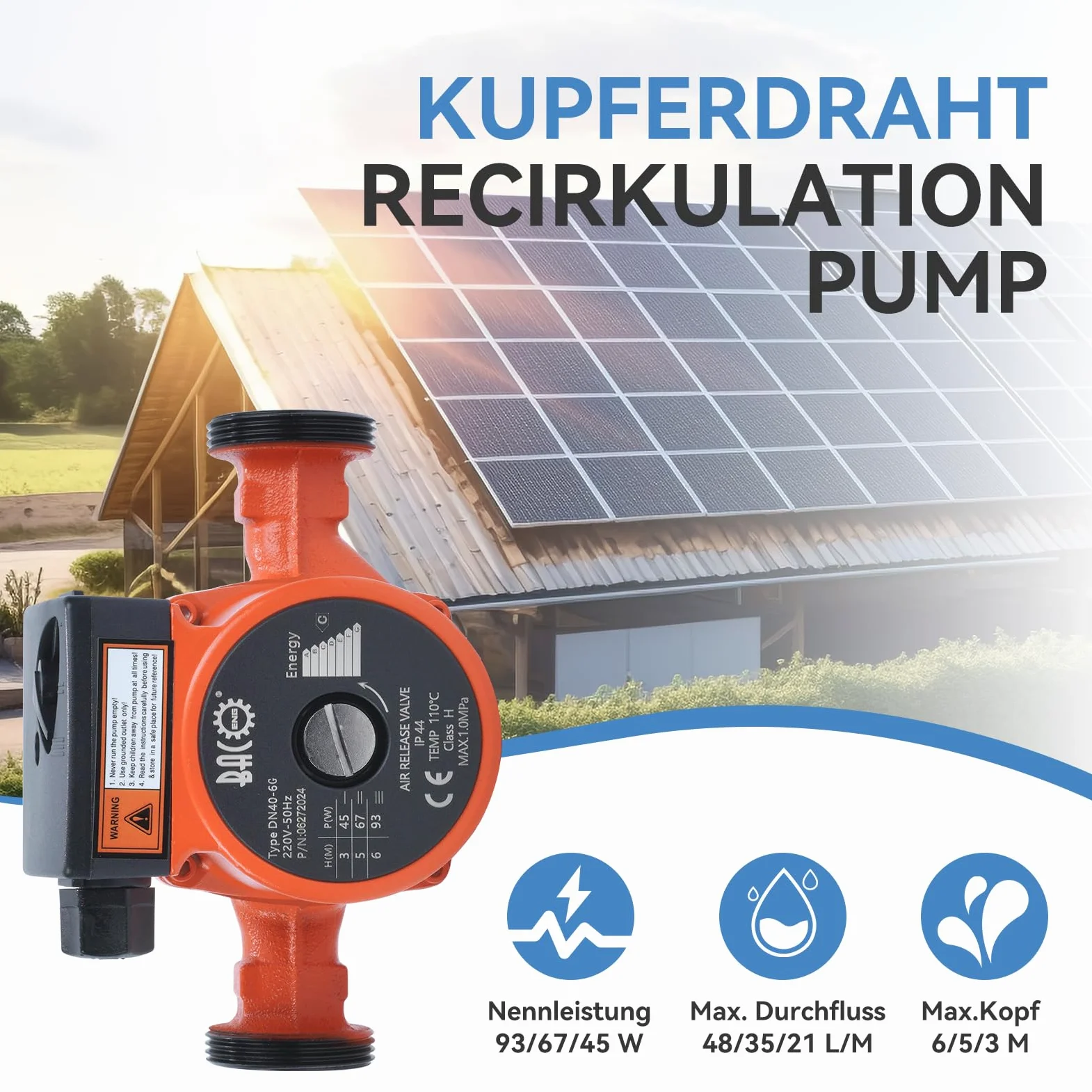 BACOENG Pompa di Circolazione Pompa di Riscaldamento RS 25/6-180 Circolatore Pompa Acqua per Riscaldamento Centralizzato 220V/50 Hz