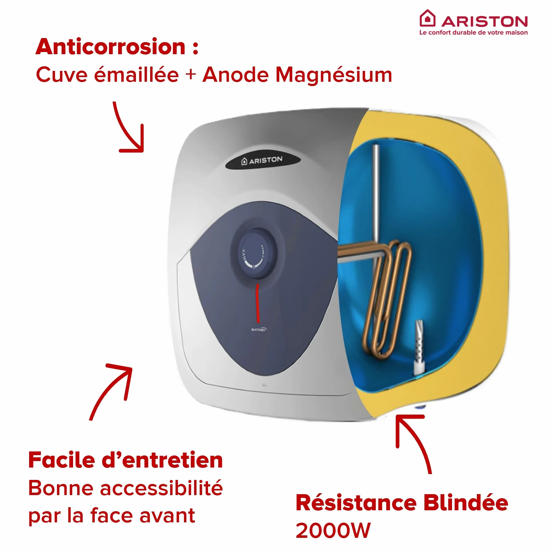 Ariston Blu Evo RS 10L - Scaldabagno Elettrico 10 Litri Compatto Sottolavandino, Potenza 2000W, Ideale Cucina o Bagno - Progettato e fabbricato per essere installato in Francia
