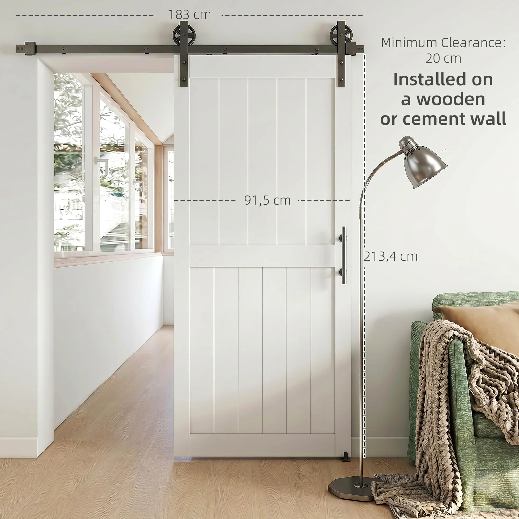 HOMCOM Porta Scorrevole Esterna Muro 91.5x213.4cm, Binario Acciaio, Maniglia Migliorato, Ruote, Porta da Interno in Stile Industriale, in MDF e Legno Pino, Impermeabile, per Cucina, Bagno, Soggiorno