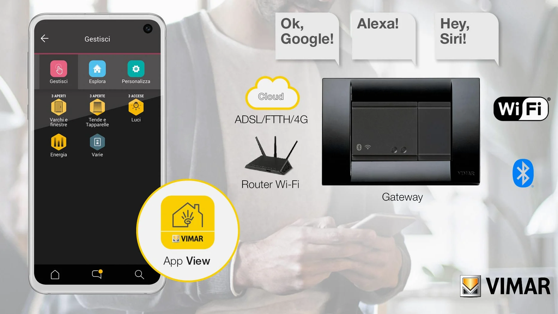 Vimar 16497 Idea Gateway connesso IoT Bluetooth Wi-Fi per integrazione, configurazione, supervisione di VIEW Wireless, mediante Cloud e App, 2 moduli