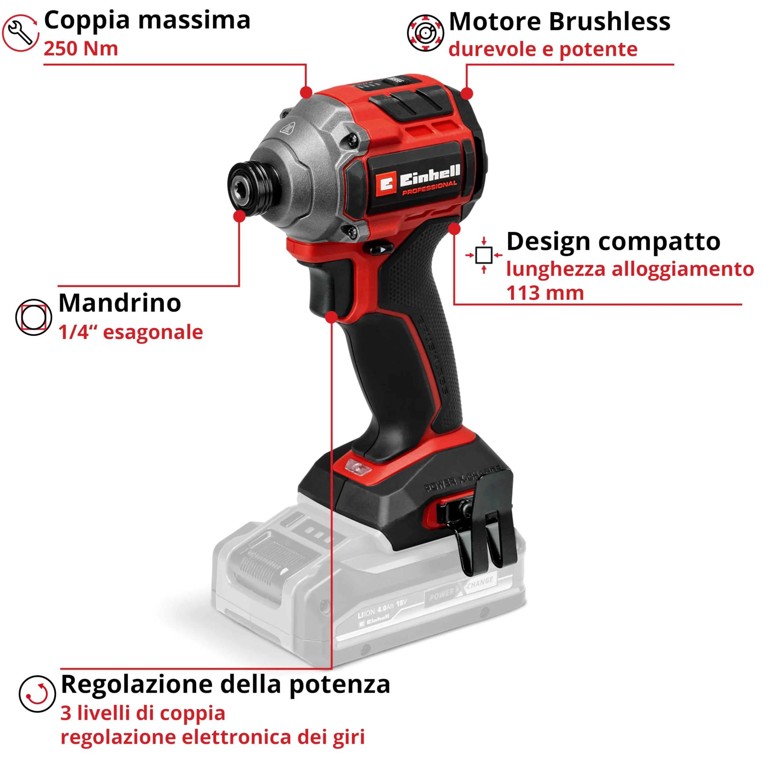 Trapano a percussione a batteria Einhell Professional TP-CI 18/250-C Li BL-Solo Power X-Change (18 V, 250 Nm, Brushless, mandrino esagonale, luce LED, batteria esclusa)