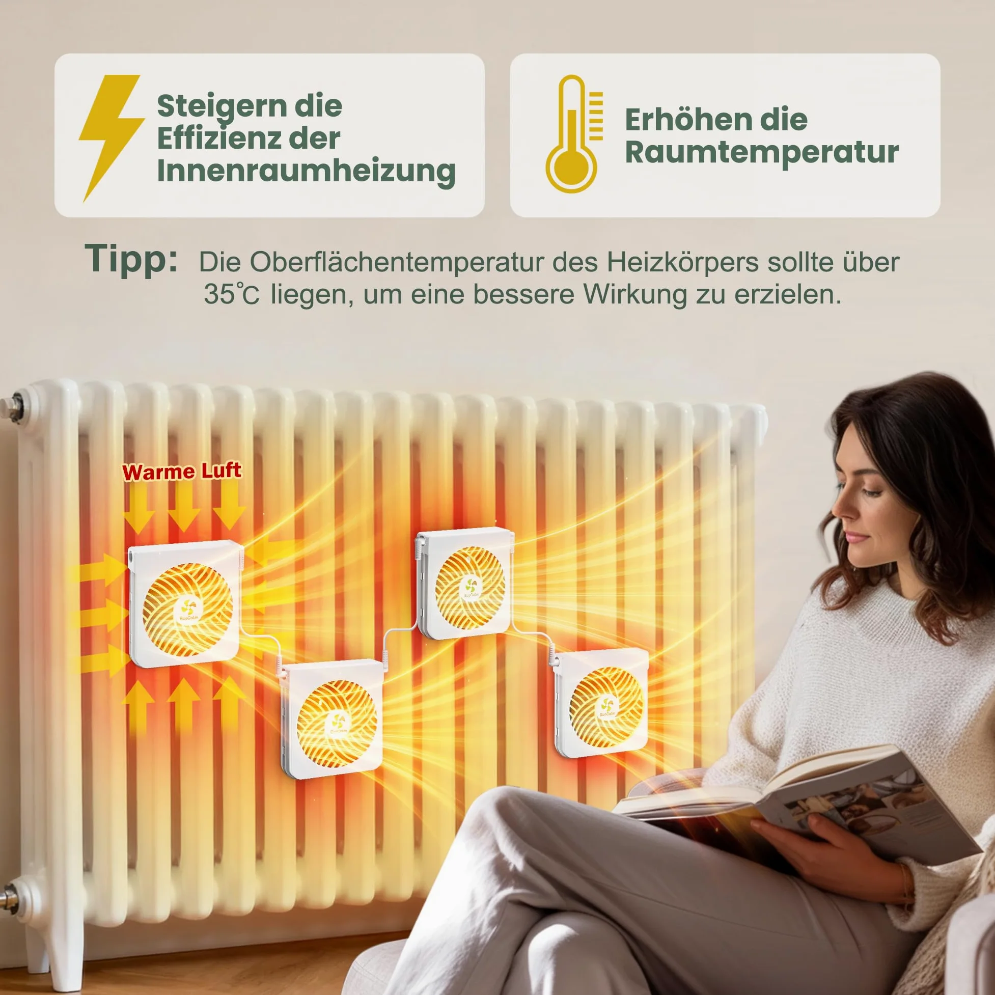 Ventilatore per radiatore con 5 magneti per radiatori in ghisa, 4 ventilatori magnetici con termostato intelligente, ventilatore per radiatori aumenta l'efficienza di riscaldamento e risparmia