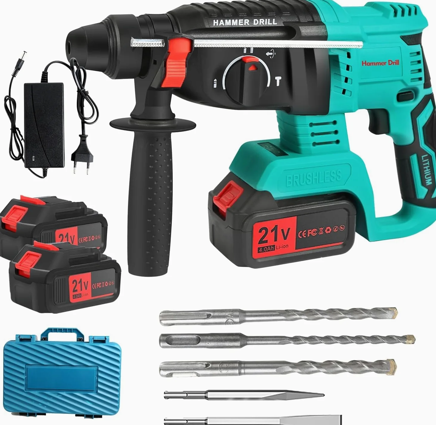 Martello Perforatore a Batteria 21V 4Ah*2 Batteria，Motor Sin Escobillas, Adatti per Cemento, Muratura, Pareti, Perforazione, Martellatura e Demolizione