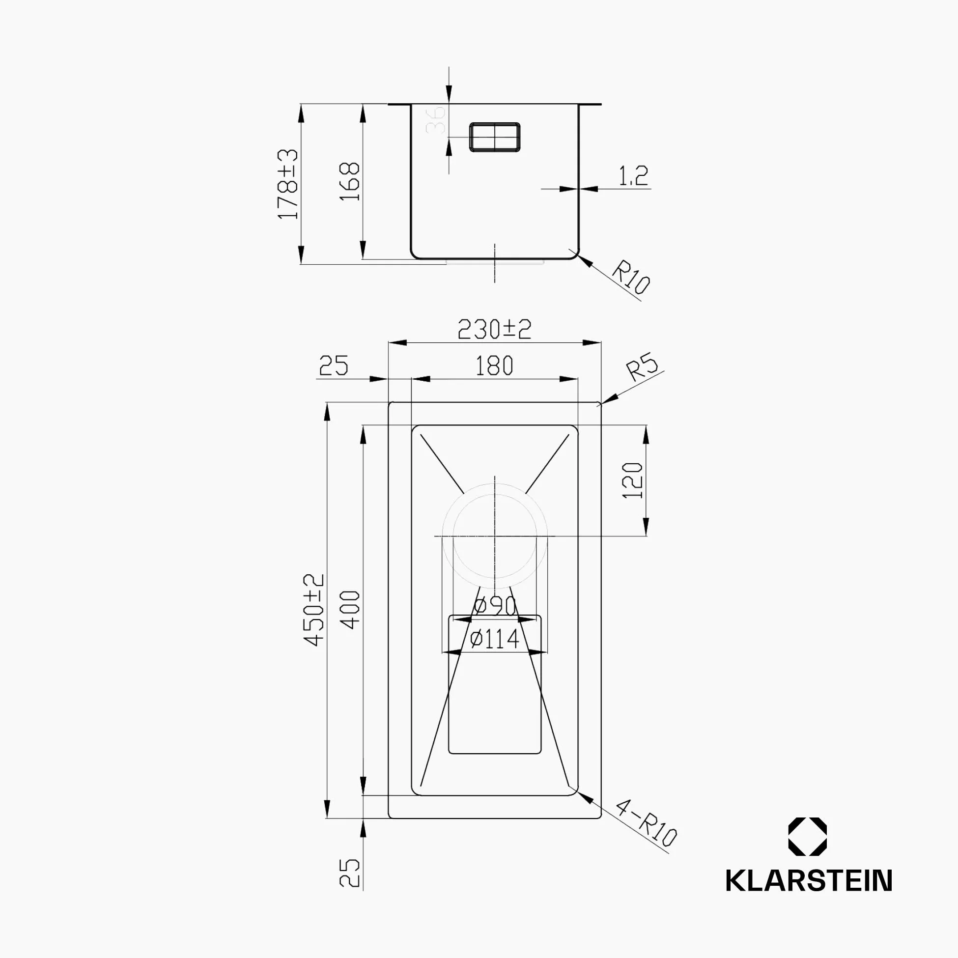 Klarstein Lavello Cucina – Acciaio Inox 304, Design Stretto 23 cm, Resistente a Graffi & Calore, Facile da Pulire, Include Kit Installazione & Troppopieno, 45x23 cm