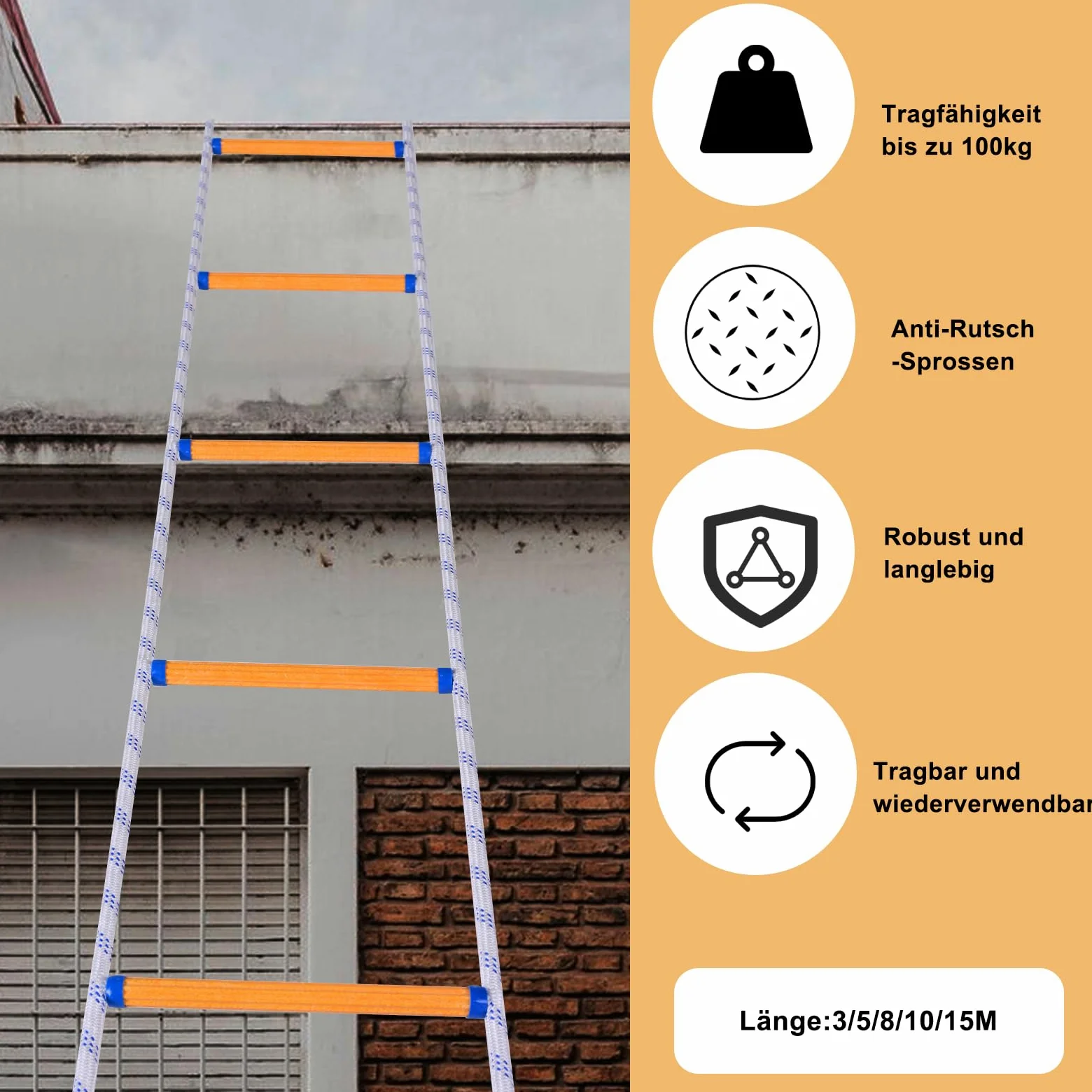 Scala di Corda, Scale di Emergenza 15M Scaletta di Corda di Sicurezza Portatile Scala Pieghevole con 2 Ganci per Finestra Balcone e Ringhiera per Bambini Adulti (10mm)