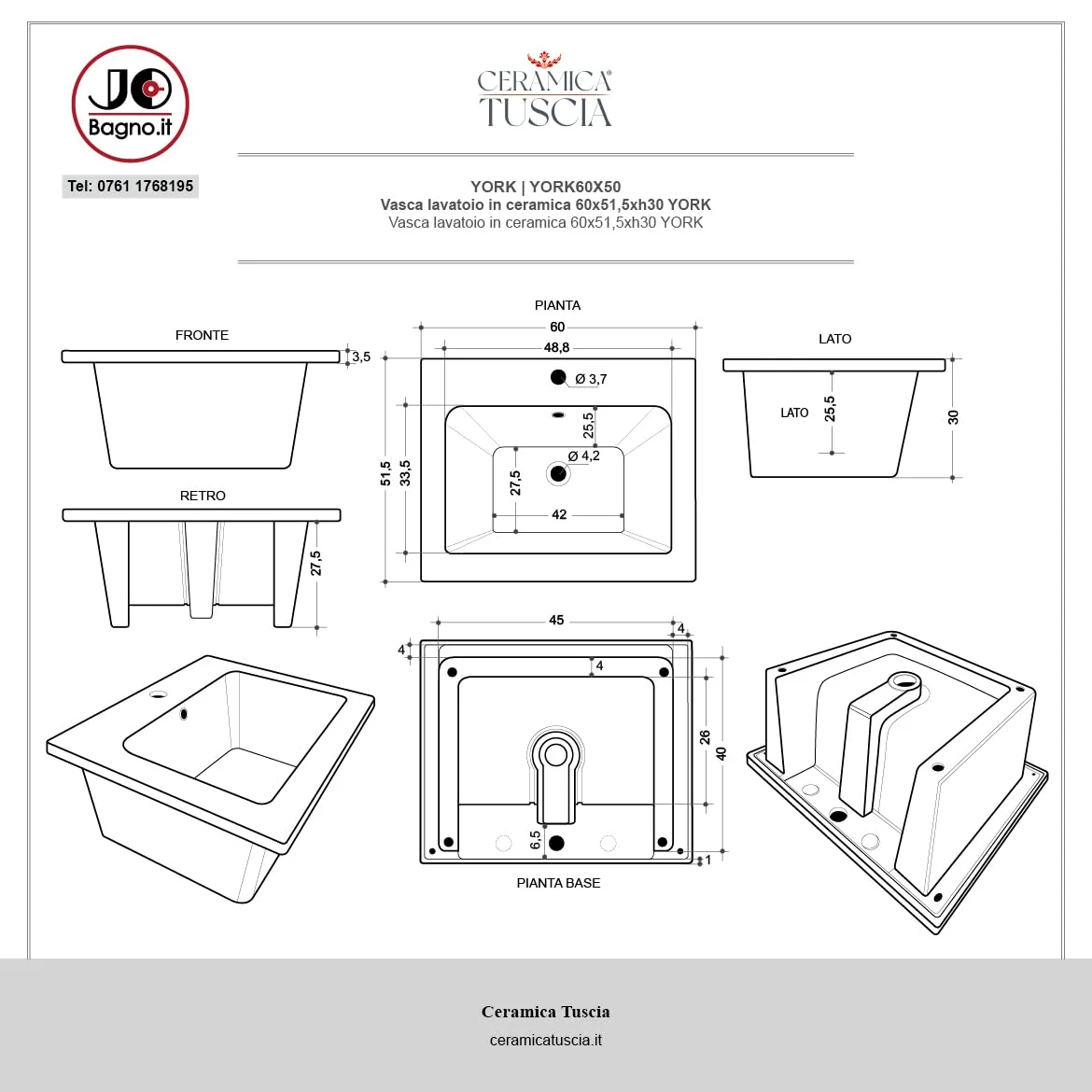 LAVABO LAVATOIO PILOZZO CERAMICA 60 x 51 YORK PROFONDO 25 CM TUTTA VASCA PER TOP O MOBILE DA INCASSO O INSTALLAZIONE CON STAFFE ANCHE IN ESTERNO IDEALE PER MOBILE DI DESIGN