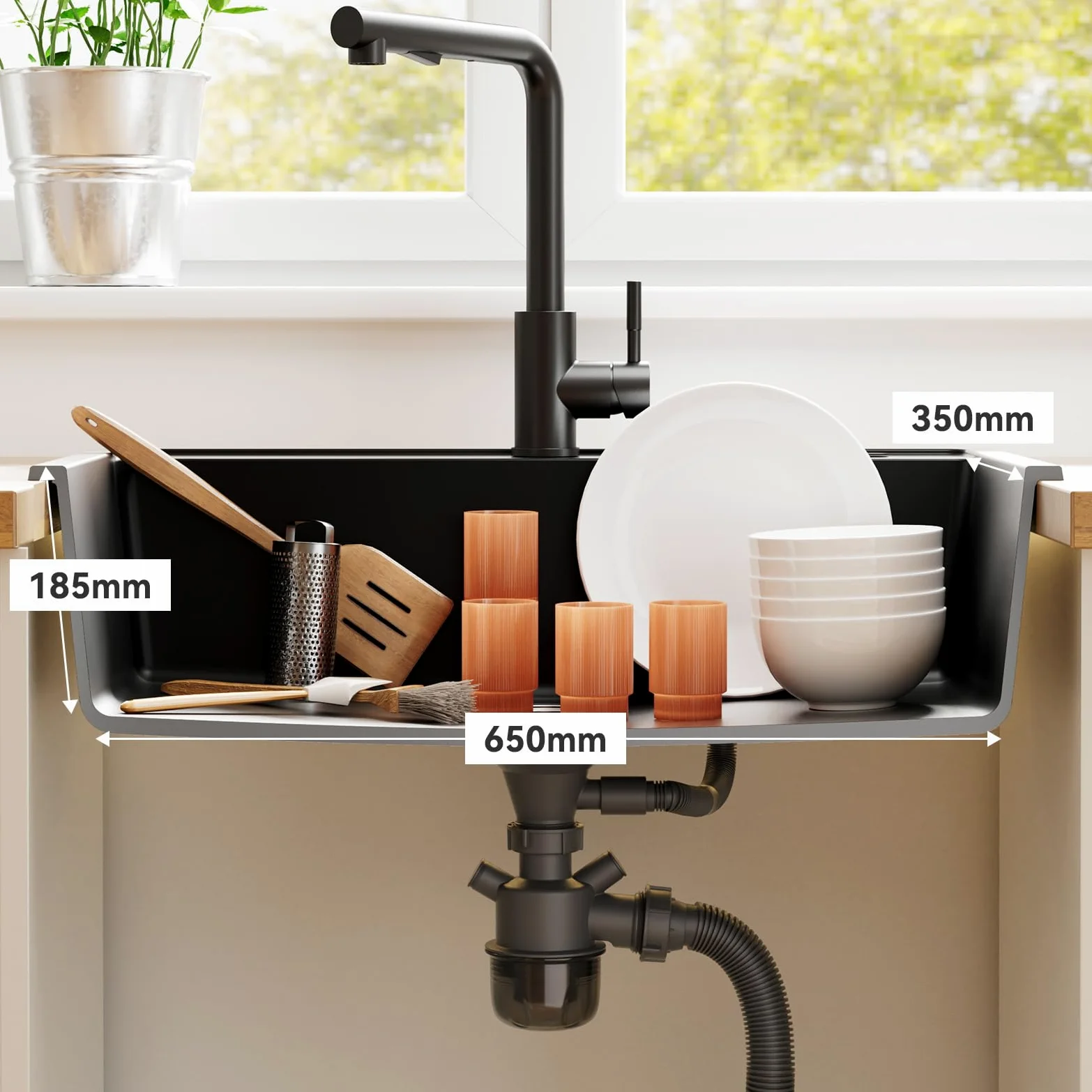 ANYCEE Lavello Cucina Nero 70x46 cm, Lavandino Cucina 1 Vasca con Cestello di Scarico, Lavello Granito per Mobile da 70 cm, Lavandino Nero di 80% Sabbia Quarzo con Sifone e Scarico