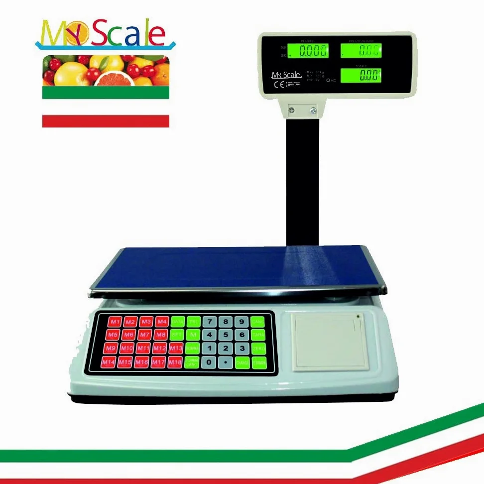 BILANCIA 50KG 5GR CON BRACCIO STAMPA SCONTRINO 6 DISPLAY 18 MEMORIE ALIMENTAZIONE A RETE E BATTERIA