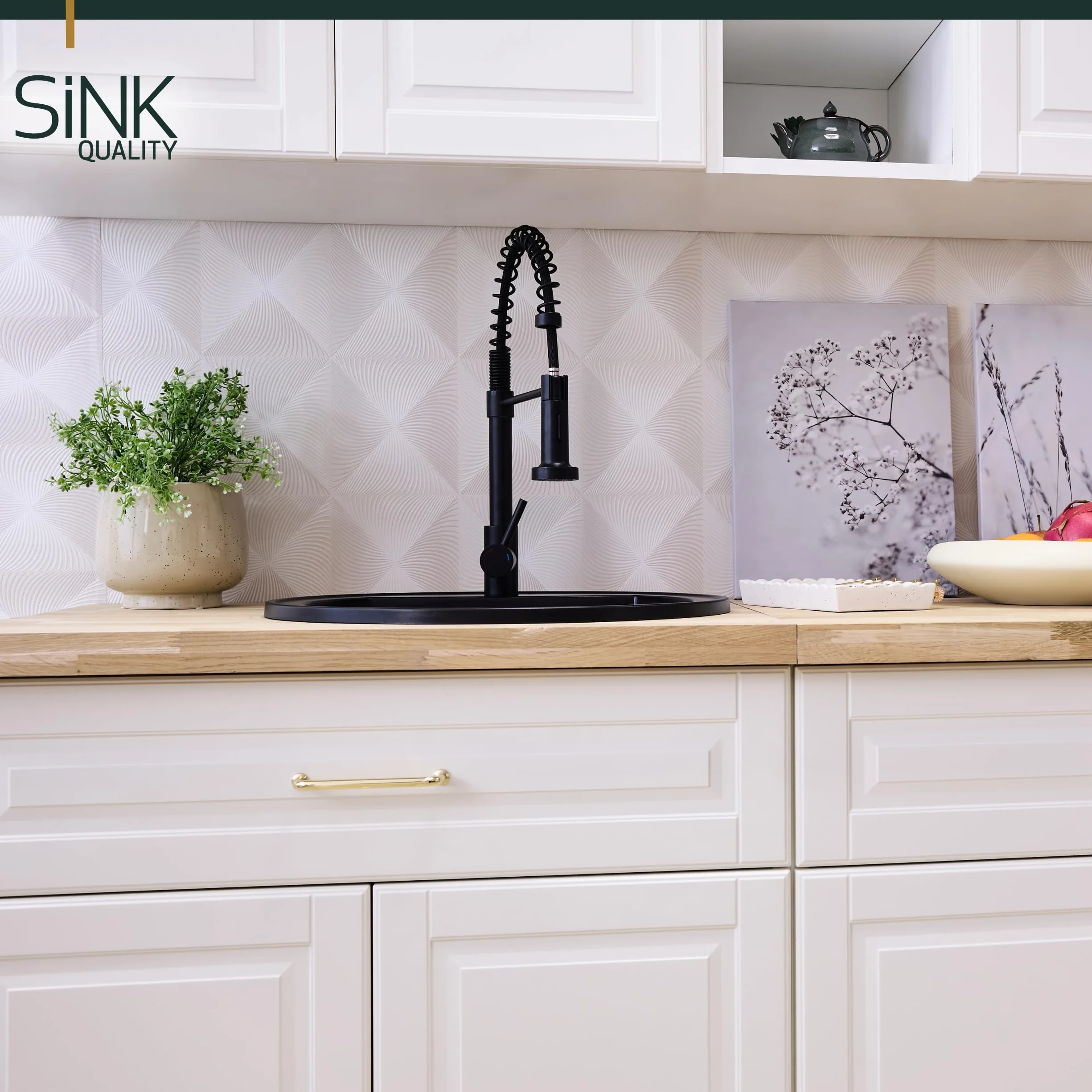 SINK QUALITY lavello rotondo con rubinetto Ø 51 cm – lavello in granito nero con rubinetto, sifone e impregnazione – lavello da cucina rotondo in granito per sottolavelli a partire da 55 cm di