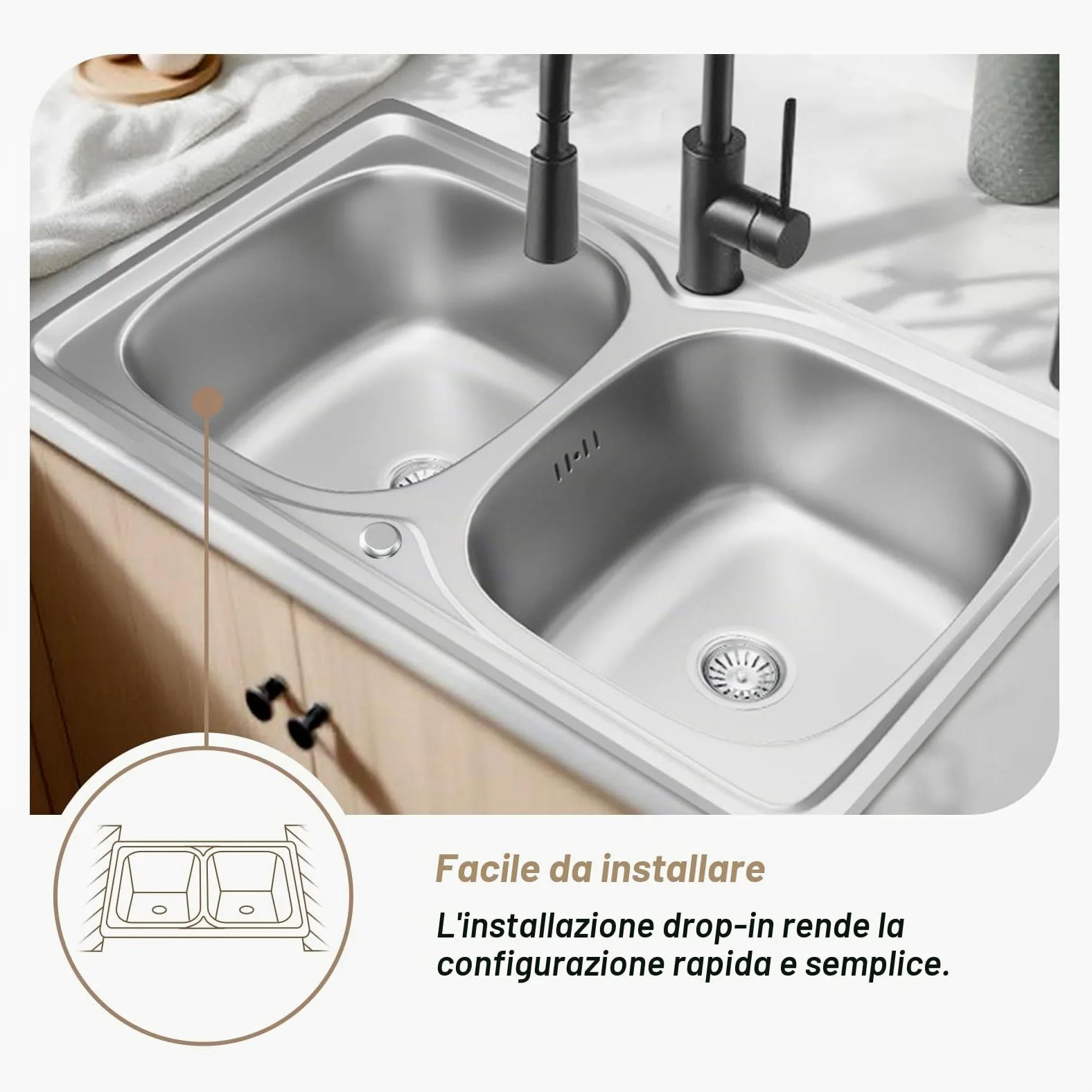 Lavello Cucina 1 Vasca con Set di Drenaggio, Lavabo Cucina con 2 Fori, Acciaio Inox (Acciaio inossidabile, 80 * 50)