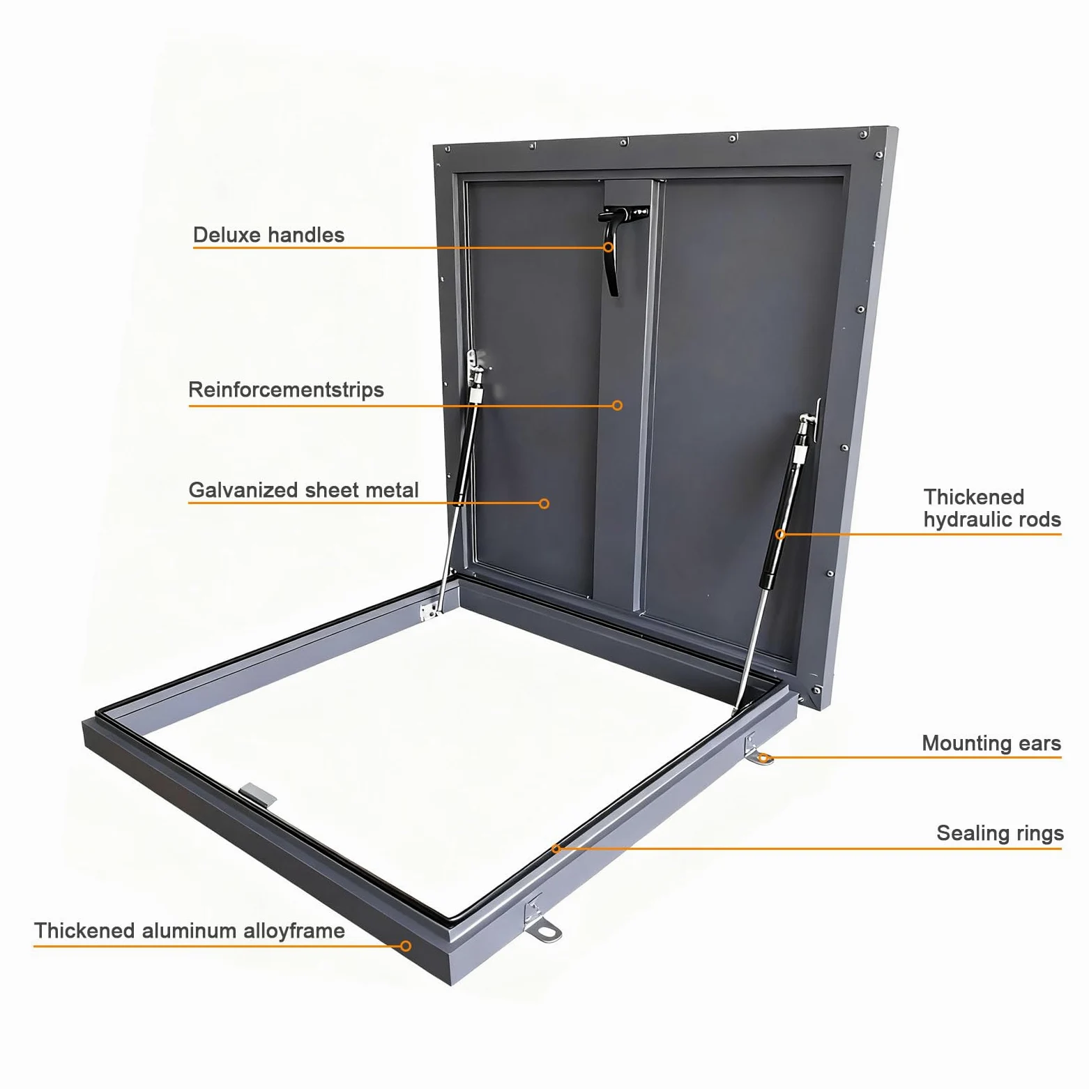 Botola per tetto - Botola di accesso al tetto in alluminio con maniglia a interruttore, porta di sicurezza per tetto con asta di supporto idraulica, per soffitta, cantina, seminterrato (80×80cm)