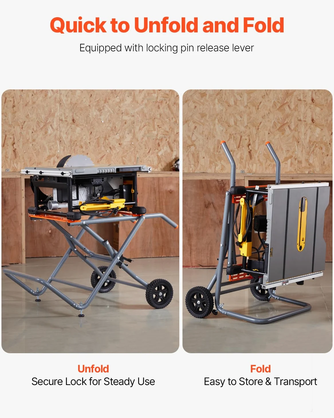 VEVOR Supporto per Troncatrice da Tavolo Portatile, Capacità di Carico di 158,76 kg Tavolo per Troncatrice da Tavolo Pieghevole con Ruote in Gomma da 203 mm Costruzione Robusta, Facile da Riporre