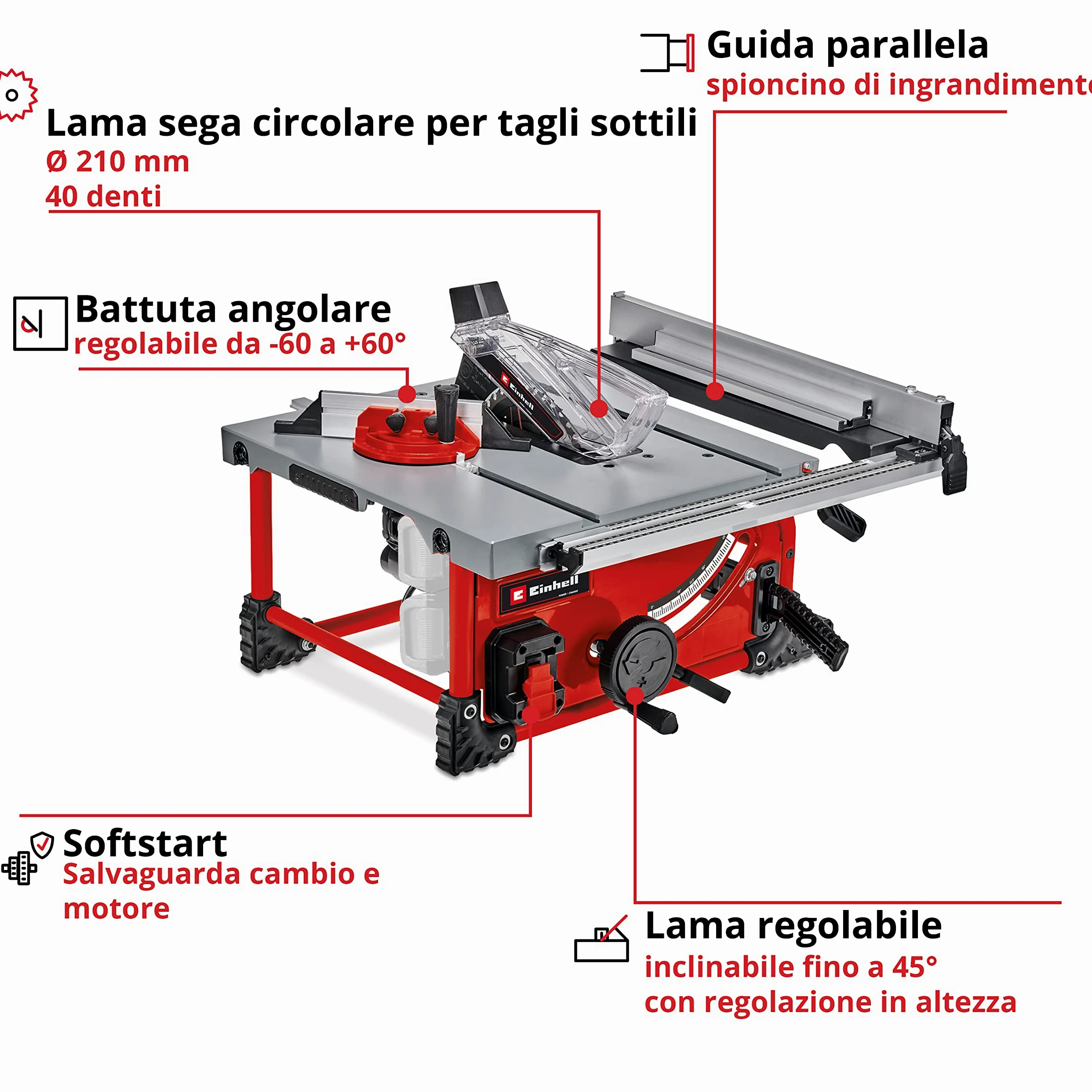 Einhell TE-TS 36/210 Li-Solo Sega circolare da banco a batteria Power X-Change (18V,giri al min. 3800, lama Ø210 x Ø30, taglio max 70 mm, guida angolare, senza batteria e caricabatteria)